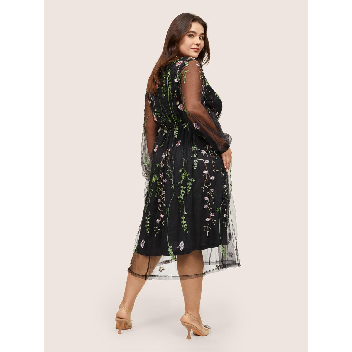 Plus Size Floral Embroidered Mesh Pocket Lantern Sleeve Dress Black Women Cocktail Elastic cuffs Round Neck Long Sleeve Curvy Midi Dress BloomChic 10/M Product Image
