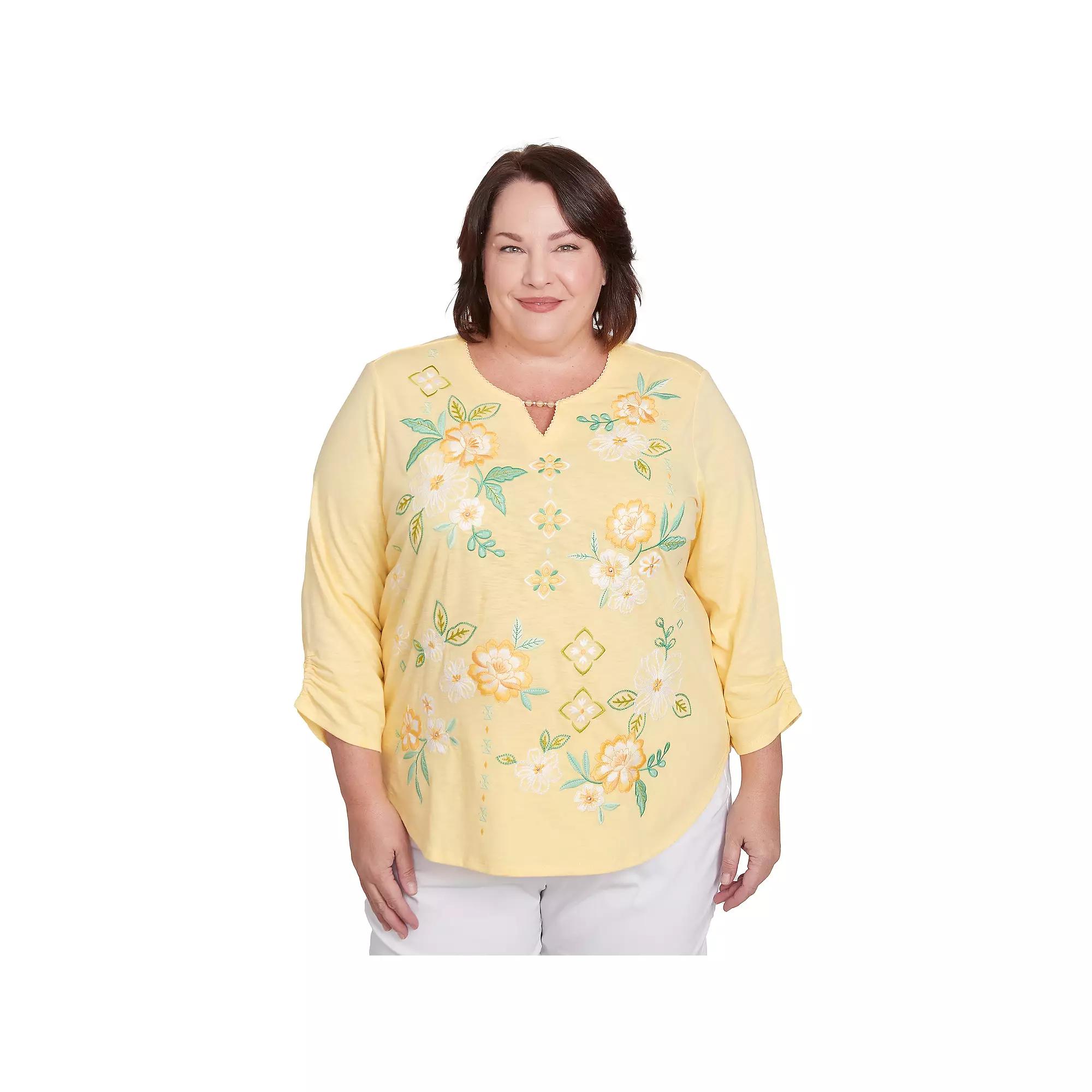 Plus Size Alfred Dunner Sunny Floral Embroidered Splitneck Top, Women's, Size: 3XL, Yellow Product Image
