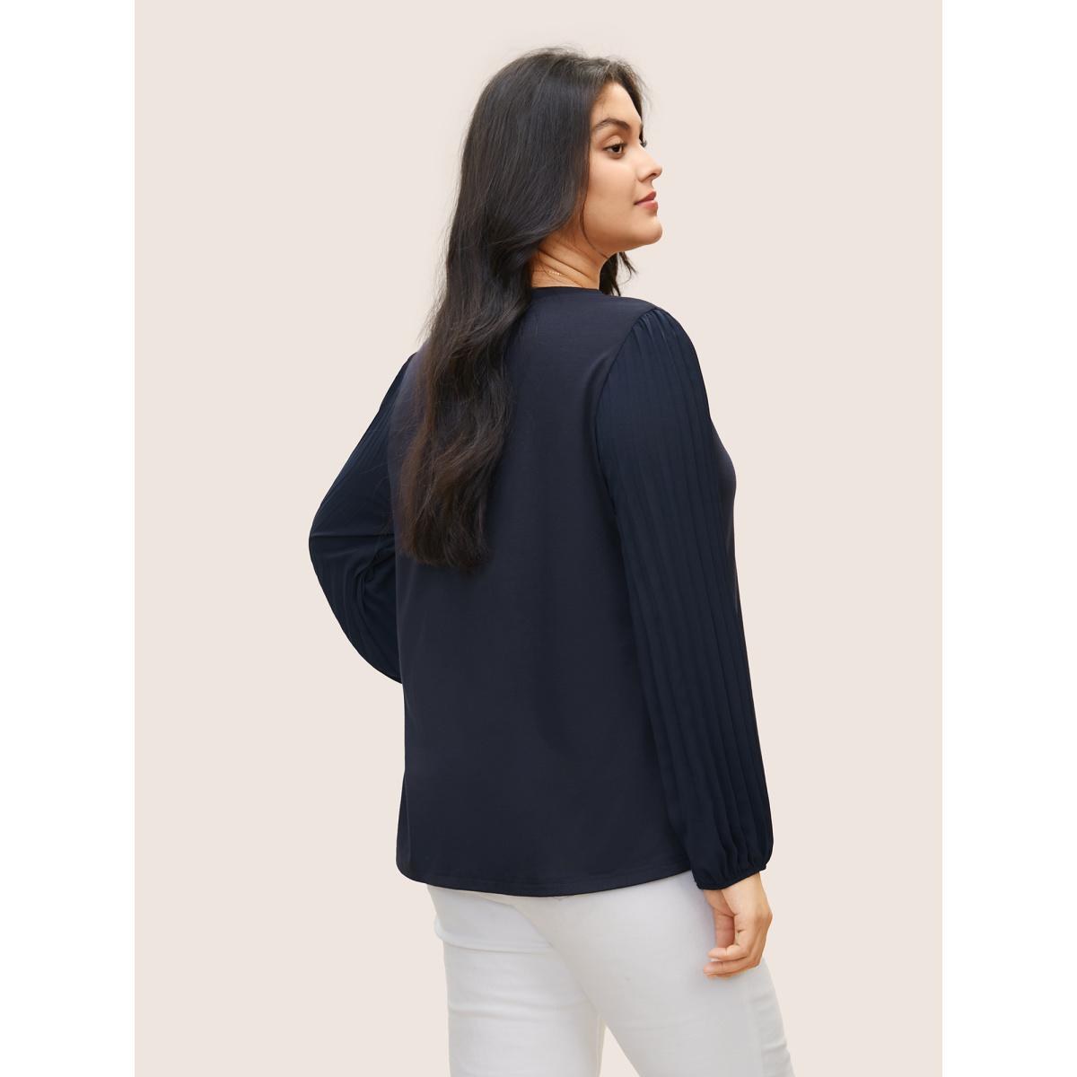 Plus Size Solid Lantern Sleeve Patchwork Pleated T-shirt Midnight Women Casual Pleated Plain V-neck Everyday T-shirts BloomChic 26/4X Product Image