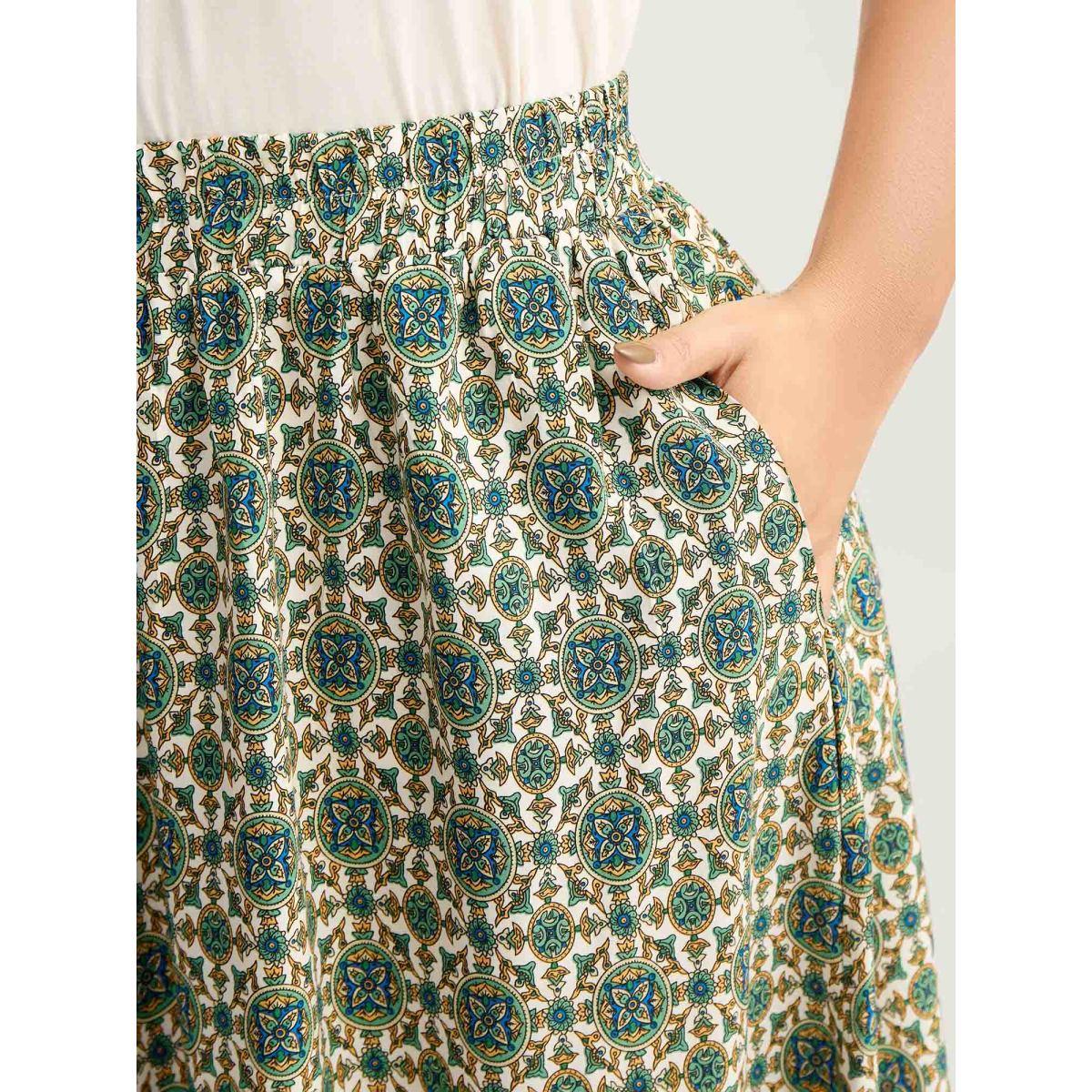 Plus Size Breezy Boho Print Stretchy Maxi Skirt Women Emerald Loose No stretch Side seam pocket Vacation Skirts BloomChic 14-16/1X Product Image