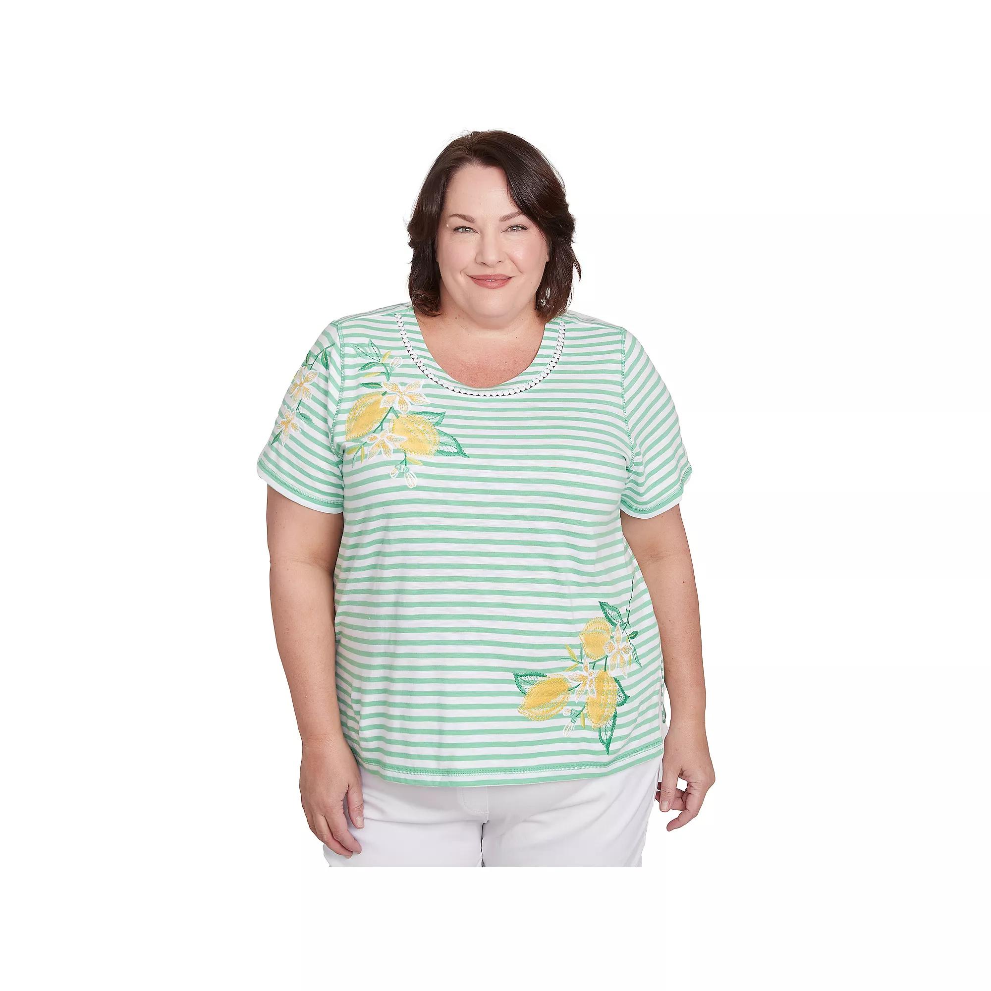 Plus Size Alfred Dunner Lemon Printed Striped Tee, Women's, Size: 2XL, Green Product Image
