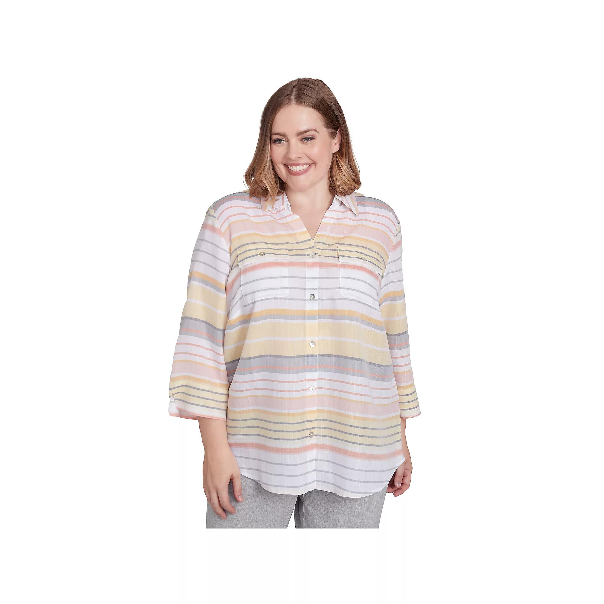 Plus Size Alfred Dunner Button Down Striped Top, Women's, Size: 2XL, Yellow Team Product Image