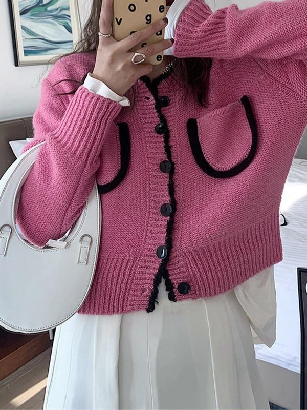 Contrast Color Trim Pocket Short Cardigan Product Image