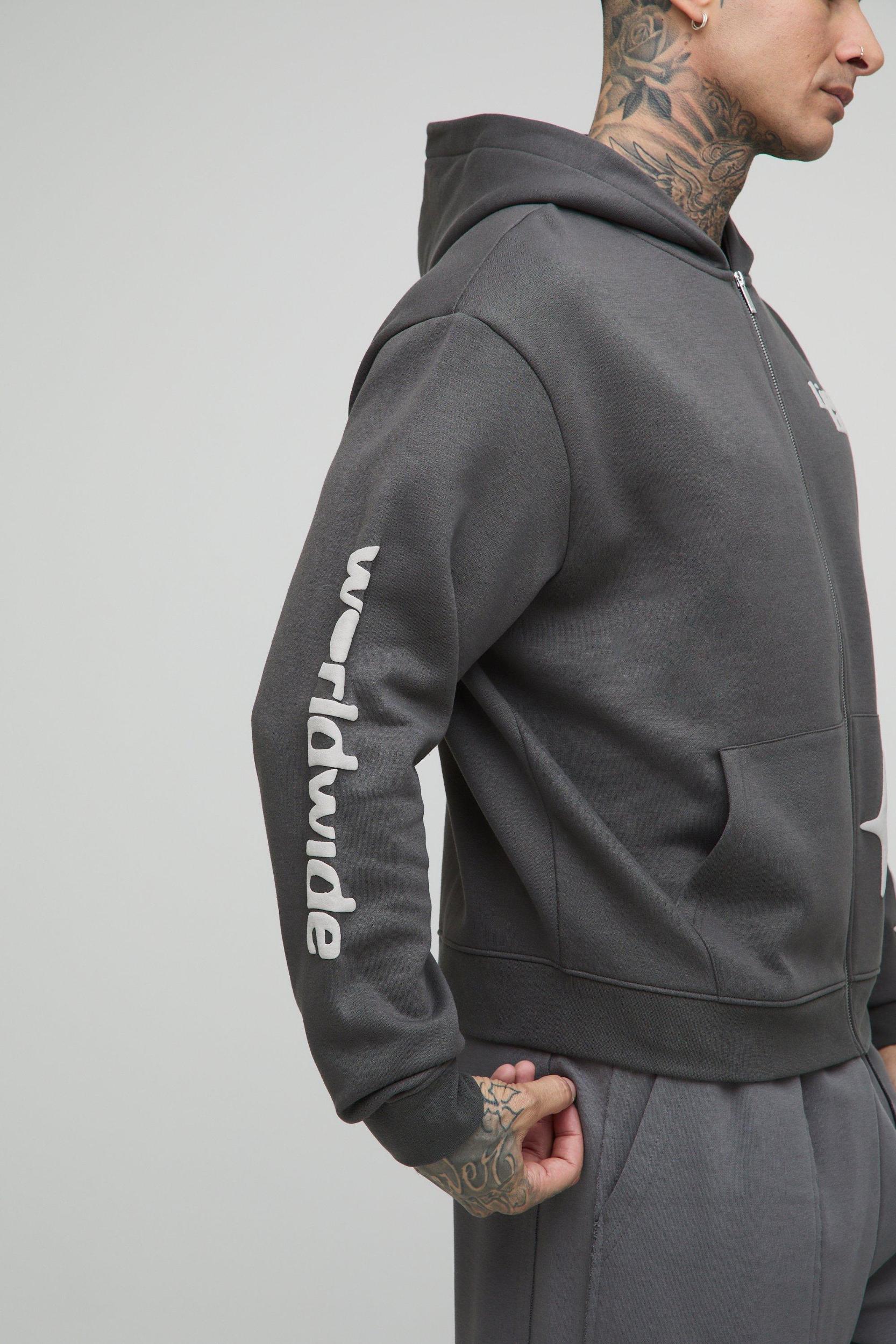 Tall Oversized Boxy Worldwide Puff Print Zip Through Hoodie | boohooMAN USA Product Image