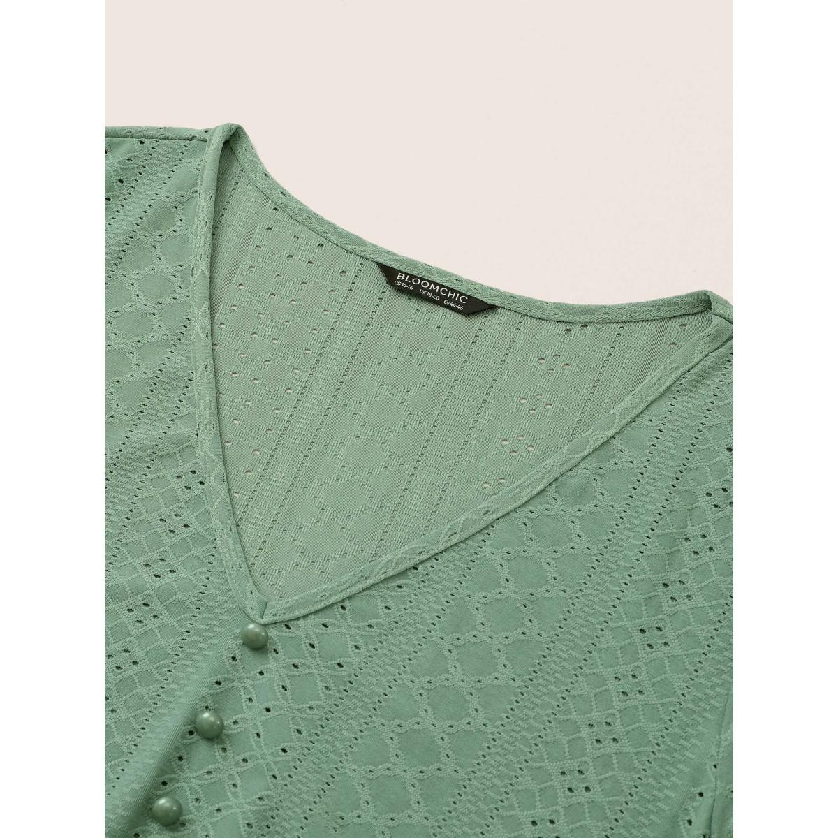 Plus Size Solid Hollow Out Button Detail Elastic Waist Dress Mint Women Elegant Non V-neck Short sleeve Curvy Midi Dress BloomChic 14-16/1X Product Image