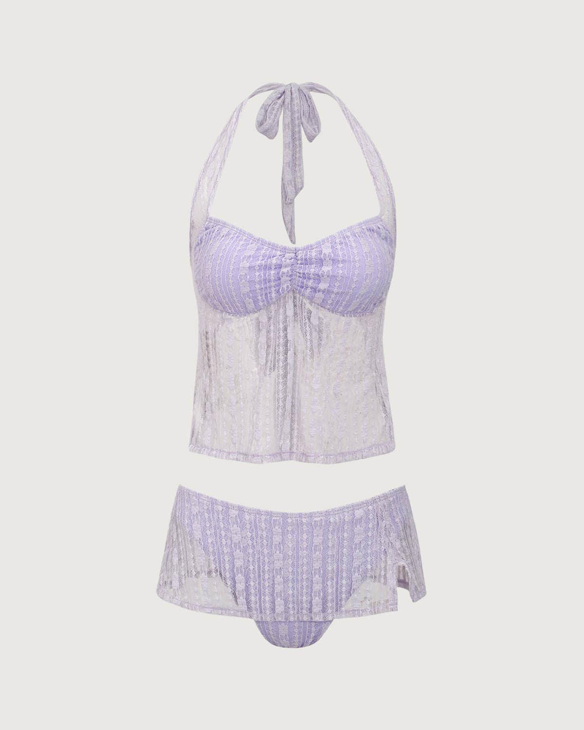 Purple Lace Halter Tankini Swimsuit Product Image