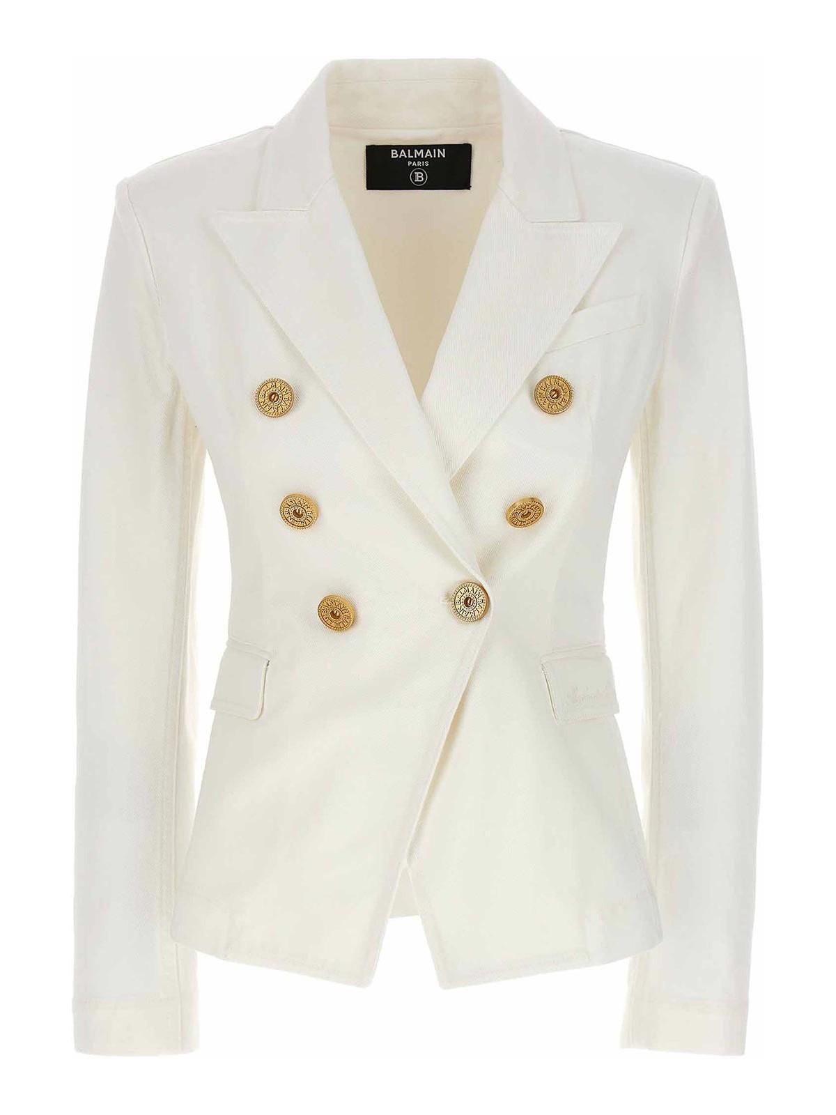 BALMAIN Double-breasted Structured Denim Blazer With Peak Lapel In White Product Image