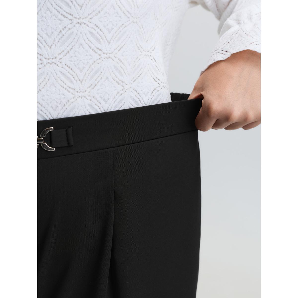 Plus Size Metal Buckle Detail Wide-Leg Pants Women Black Timeless Straight Leg Mid Rise Elegant Pants BloomChic 28/5X Product Image