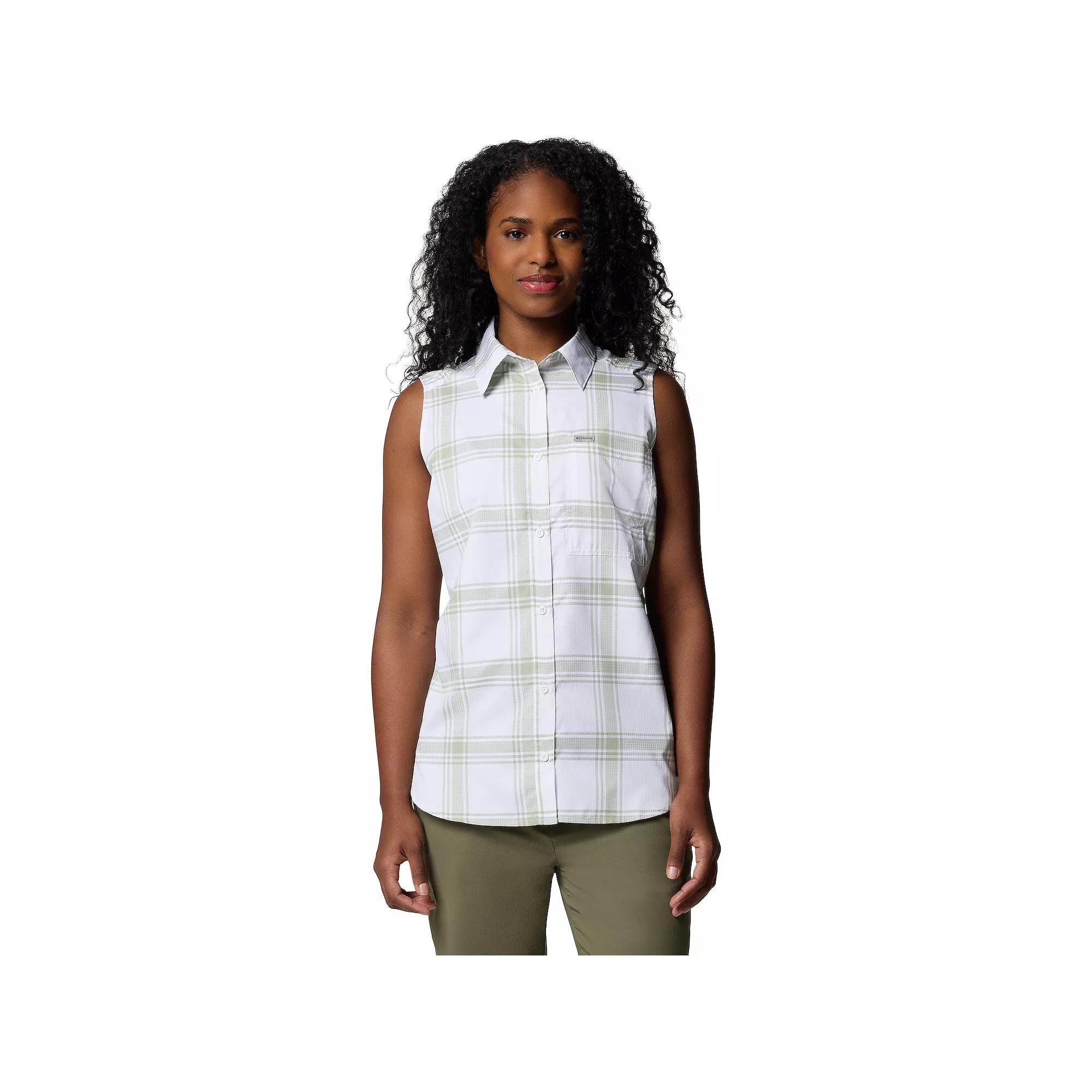 Women's Columbia Anytime Lite Collared Button Down Tank Top, Size: XL, Safari Picnic Plaid Product Image