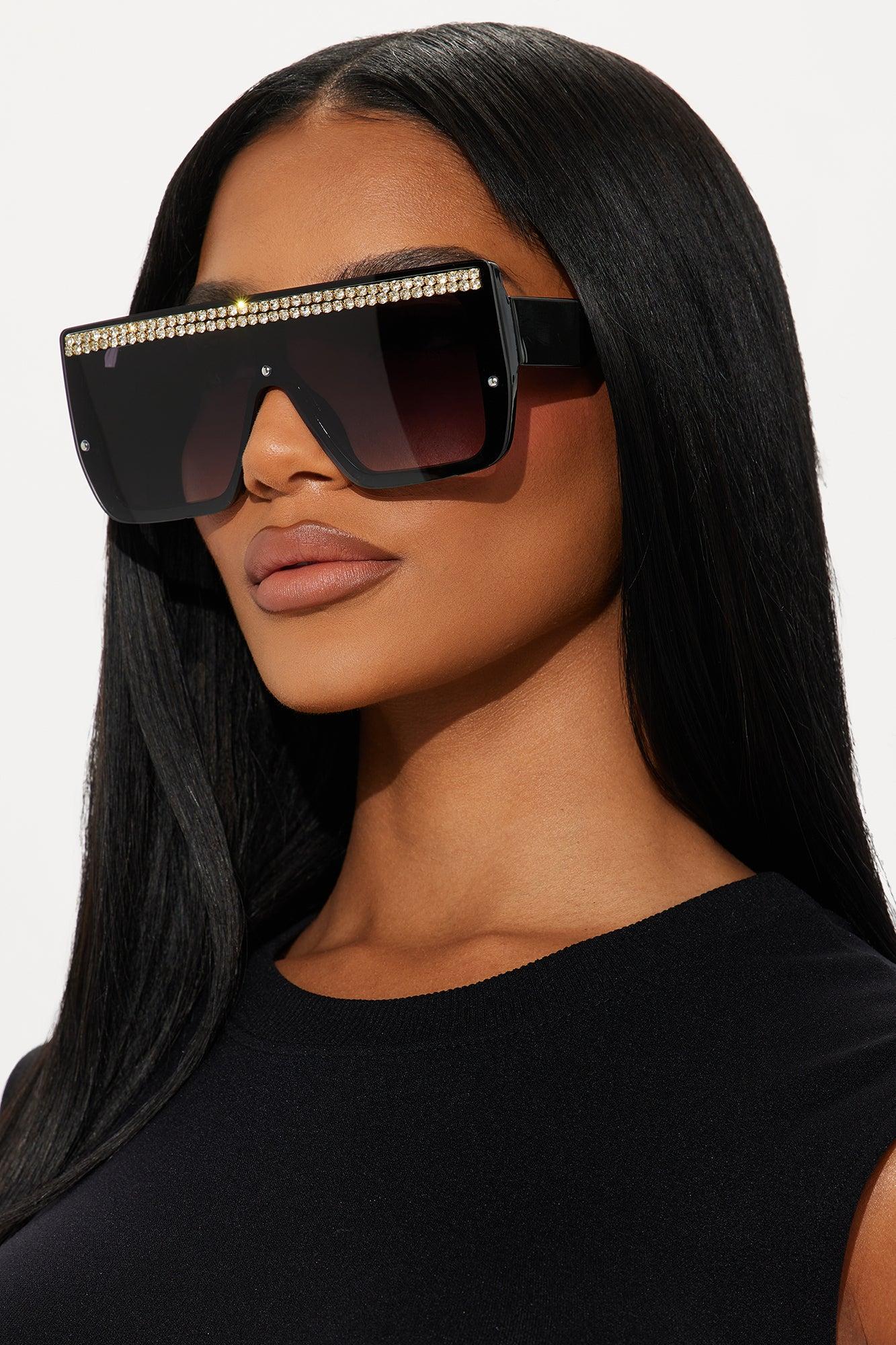 Over The Top Rhinestone Shield Sunglasses - Black Female Product Image