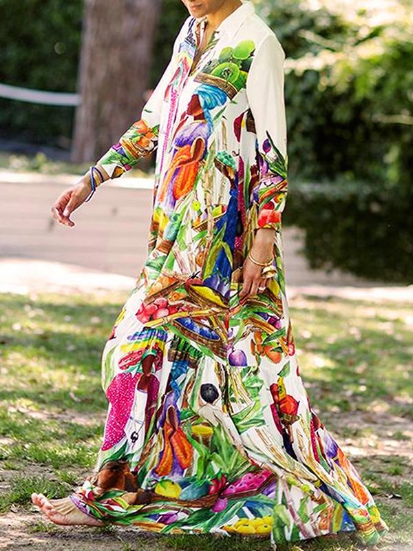 Long Sleeves Loose Asymmetric Printed Split-Joint Lapel Maxi Dresses Shirt Dress Product Image