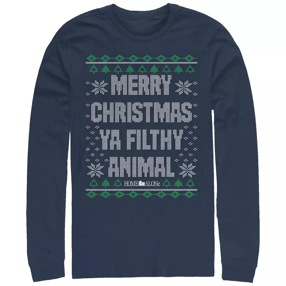 Big & Tall Home Alone Merry Christmas Ya Filthy Animal Sweater Long Sleeve Graphic Tee, Mens Blue Product Image