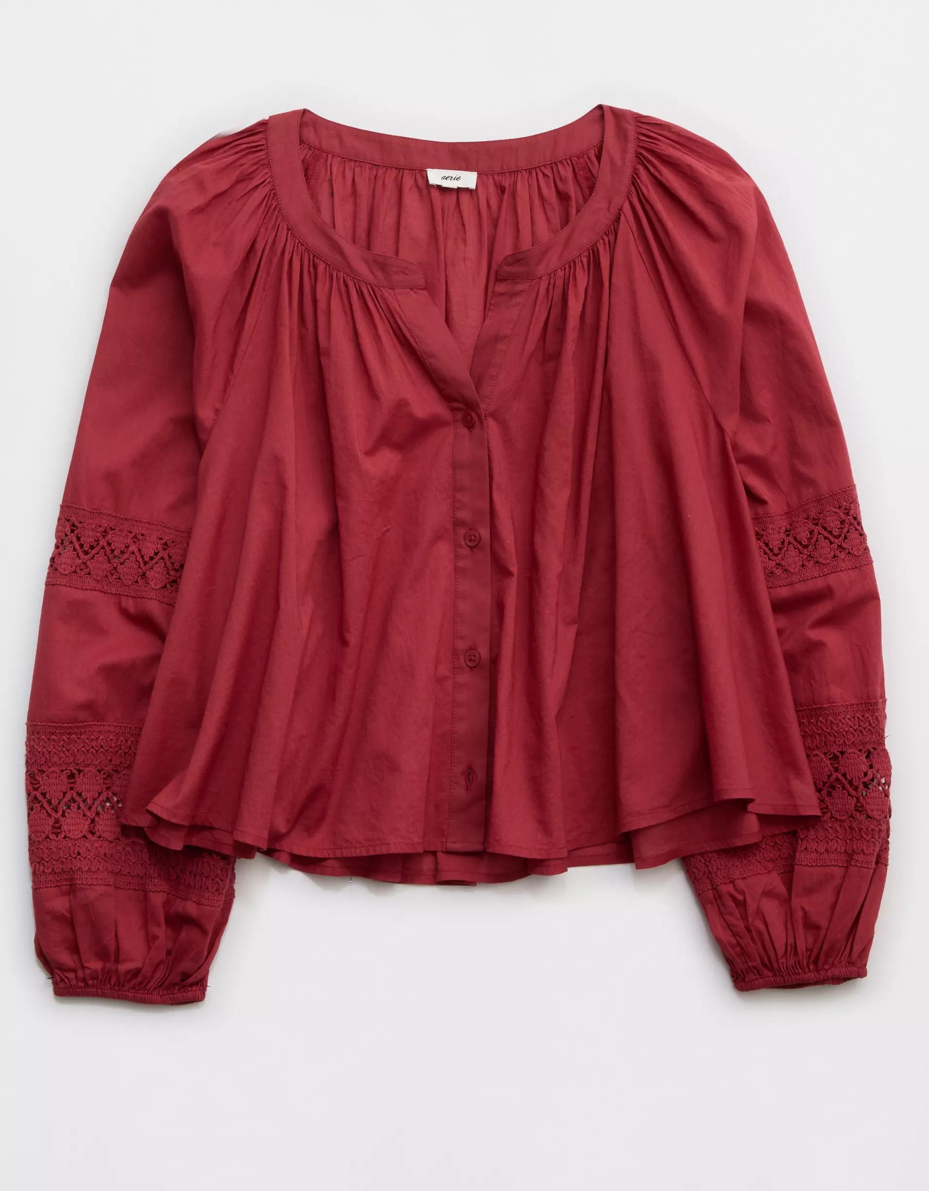 Aerie Long Sleeve Crochet Button Down Shirt Product Image