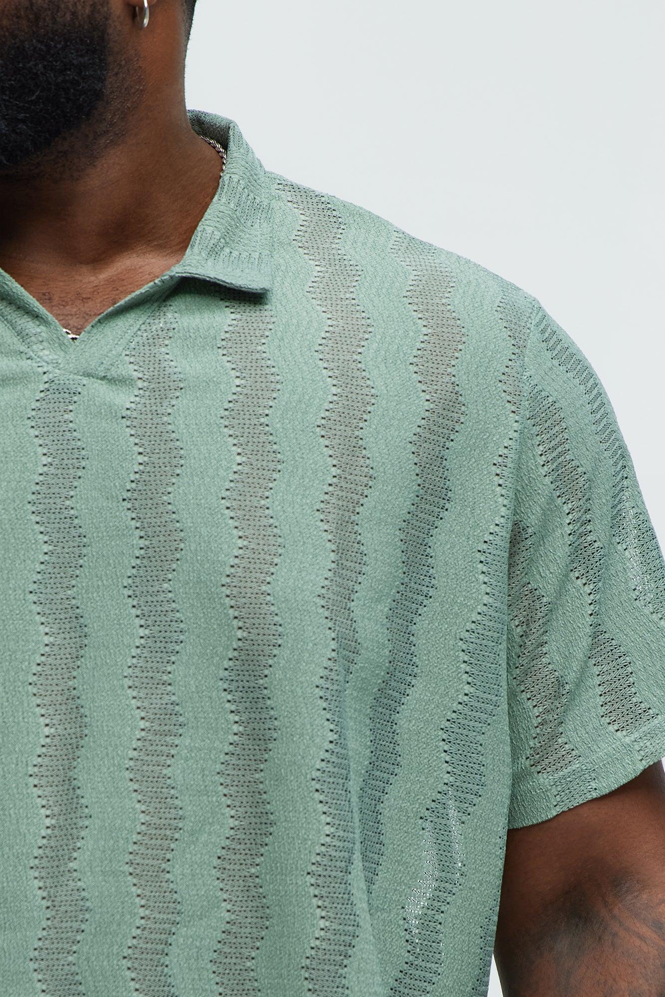 Wavy Crochet Lightweight Johnny Collar Shirt - Green Product Image
