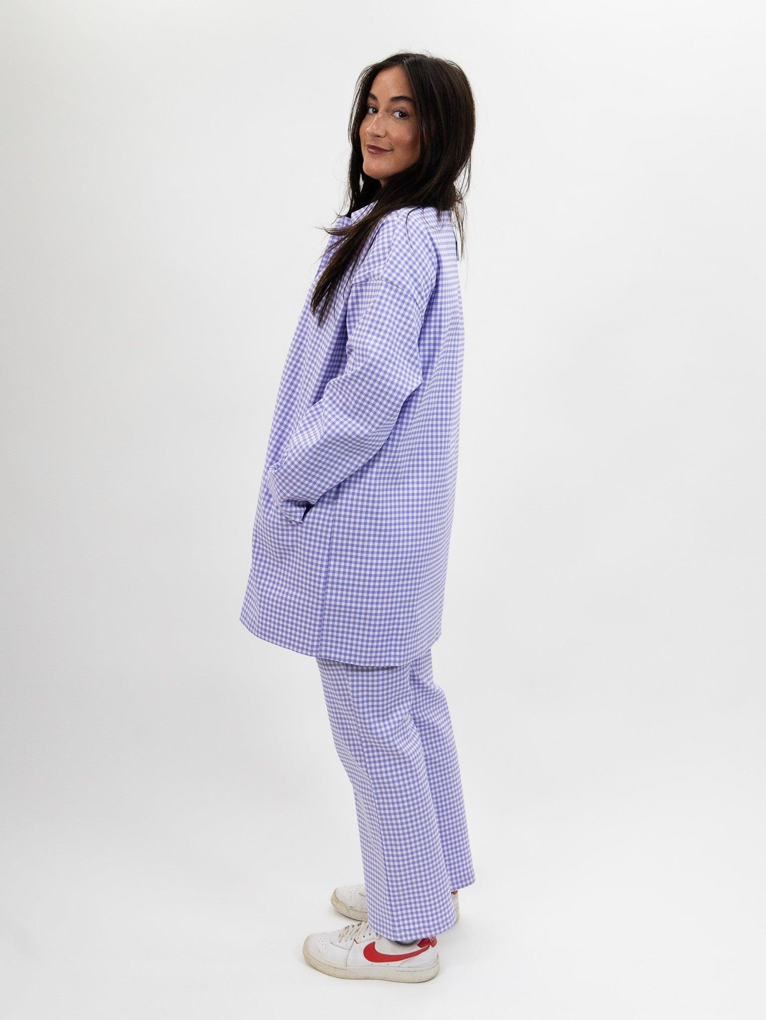 Compania Fantastica Straight lilac gingham check pants & Lilac gingham neoprene trench coat Product Image