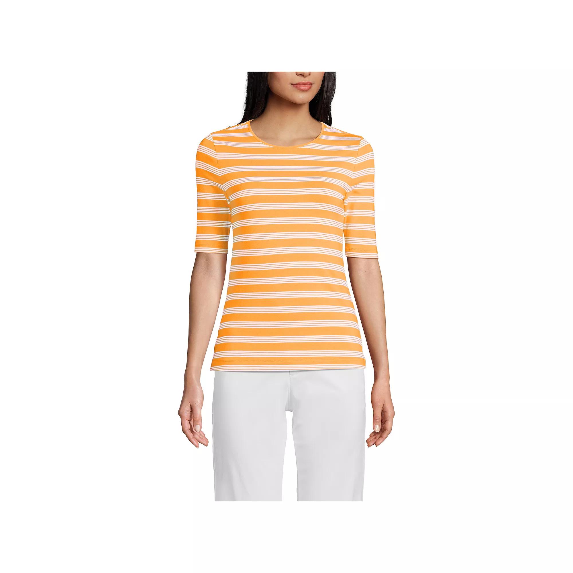 Women's Lands' End Elbow Sleeve Lightweight Cotton Modal Crew Neck Tee, Size: Small, Sweet Orange Stripe Product Image