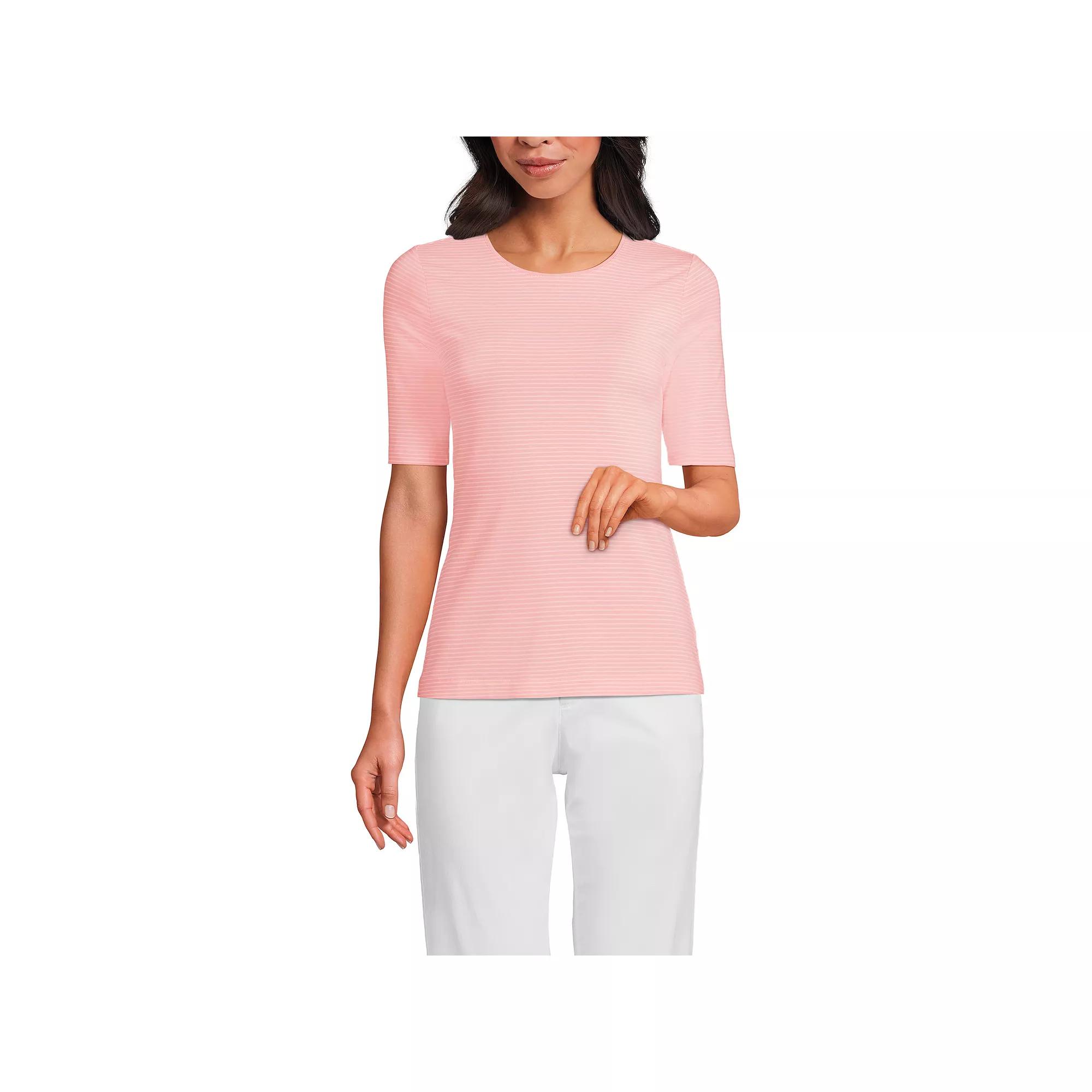 Women's Lands' End Elbow Sleeve Lightweight Cotton Modal Crew Neck Tee, Size: XL, Pink Pink Stripe Product Image