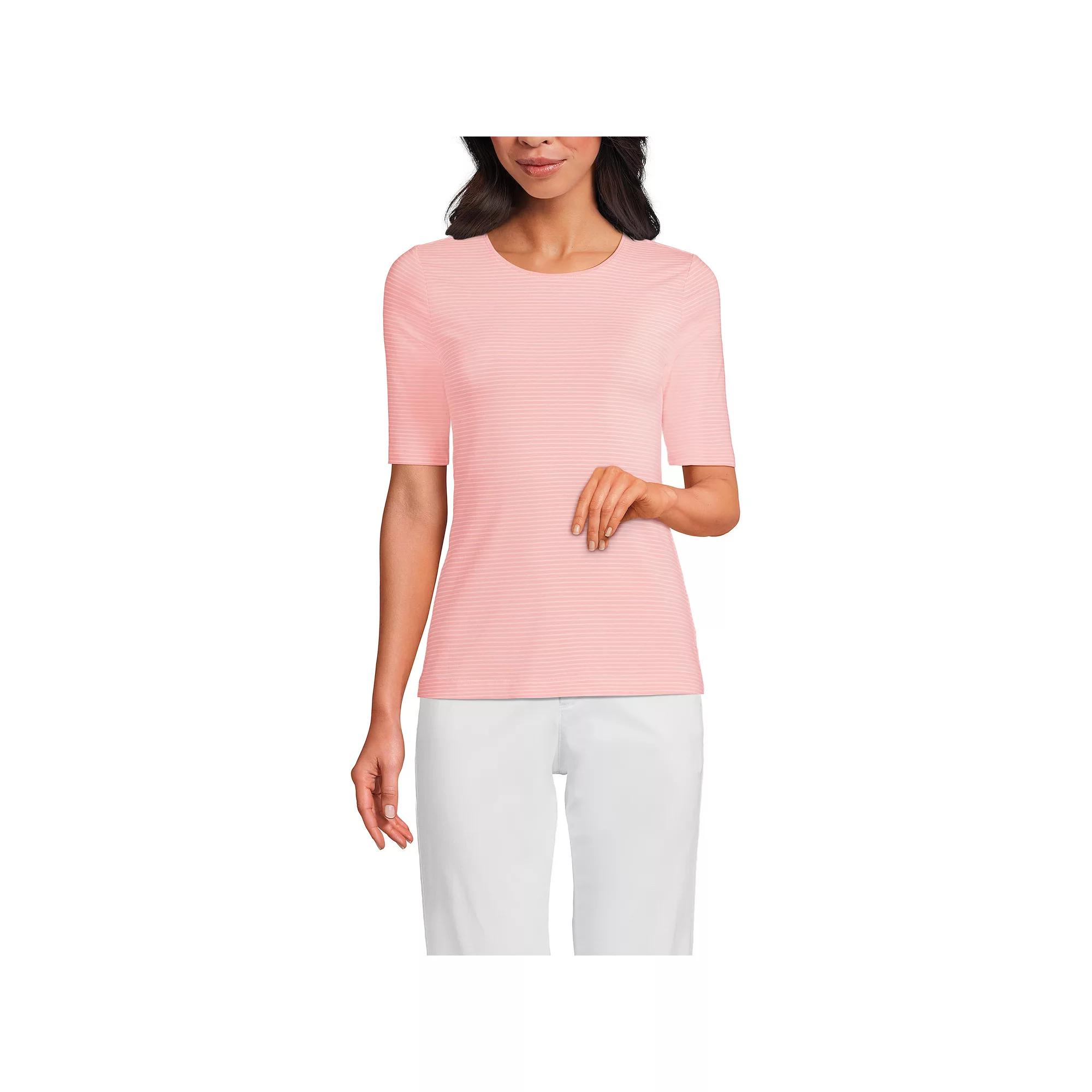 Women's Lands' End Elbow Sleeve Lightweight Cotton Modal Crew Neck Tee, Size: XL, Pink Pink Stripe Product Image