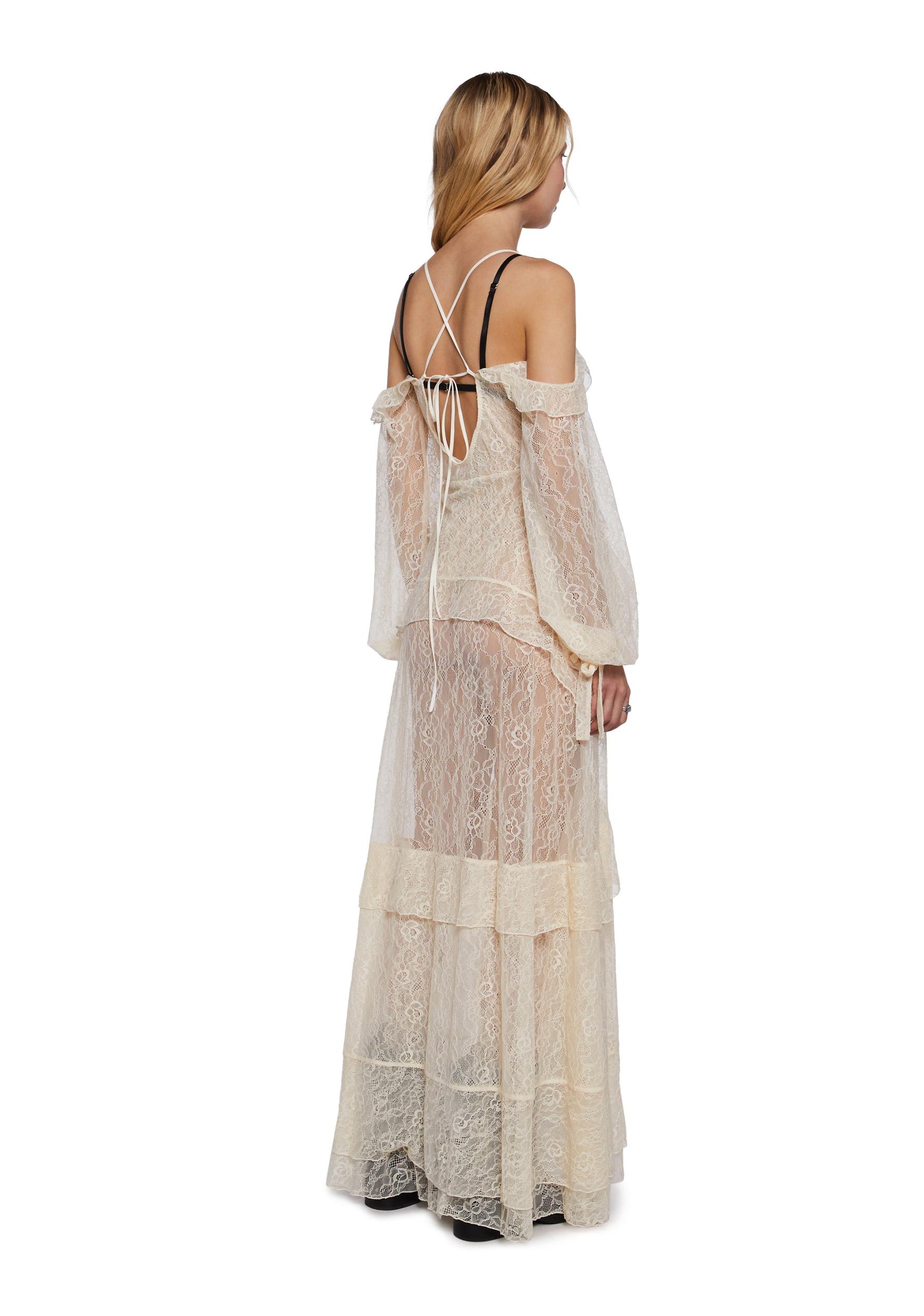 Womens Sheer Floral Lace Maxi Dress With Ruffles Current Mood - Off White Product Image
