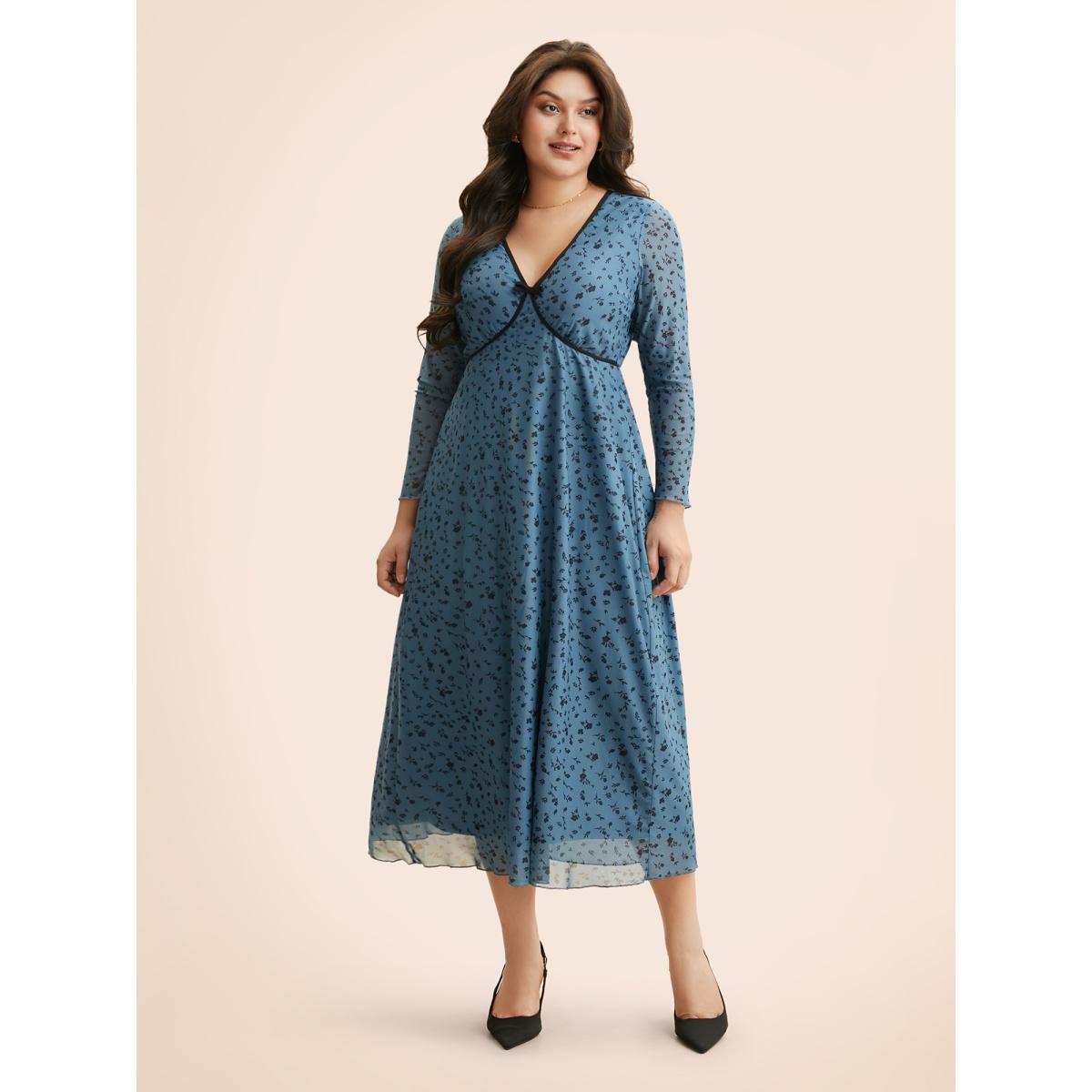 Plus Size Ditsy Floral Bowknot Patchwork Mesh Dress Cerulean Women Elegant Woven ribbon&lace trim V-neck Long Sleeve Curvy BloomChic 22-24/3X Product Image