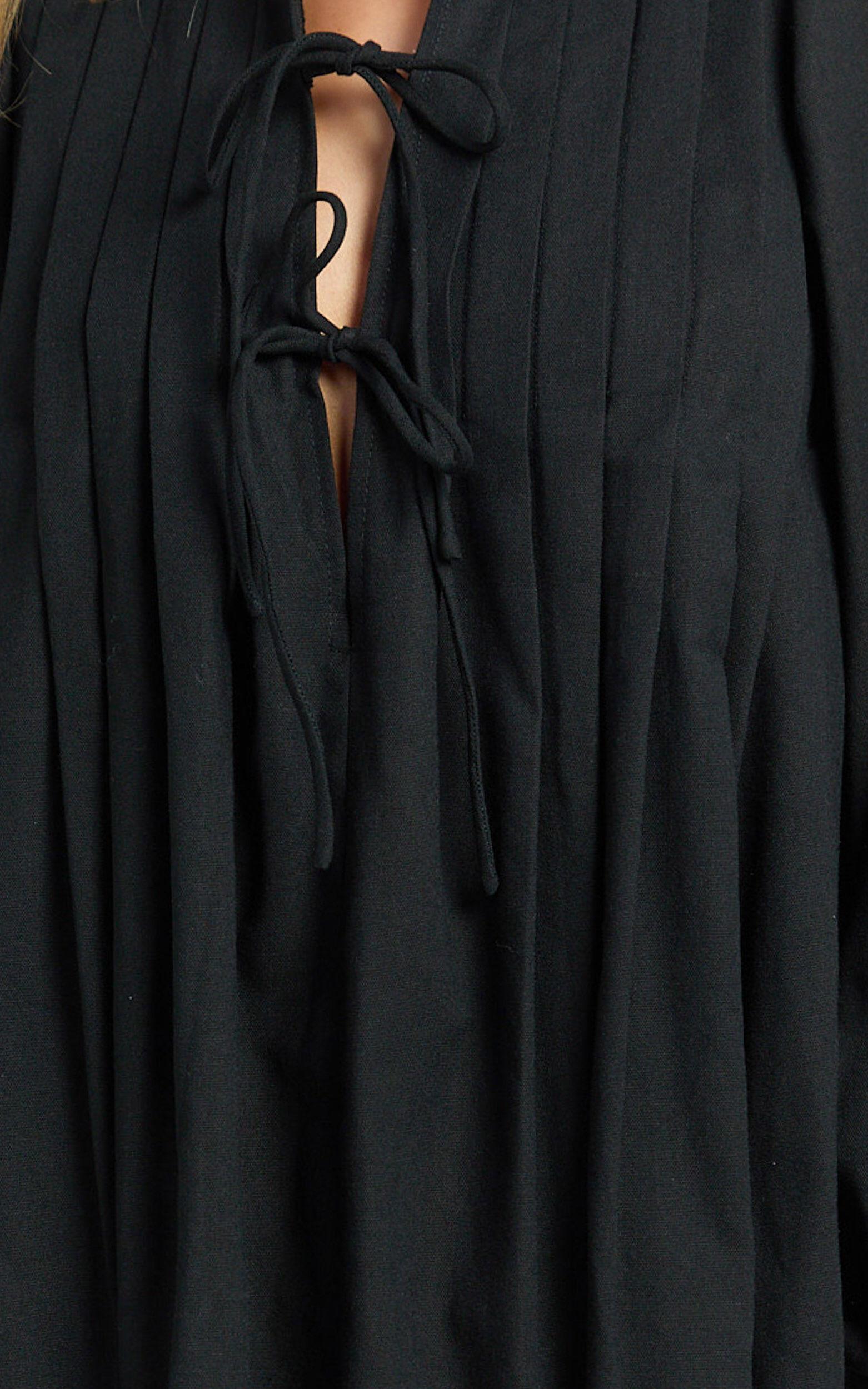 Suzette Mini Dress - High Neck Tie Front Long Sleeve Pleat Front Babydoll Dress in Black Product Image