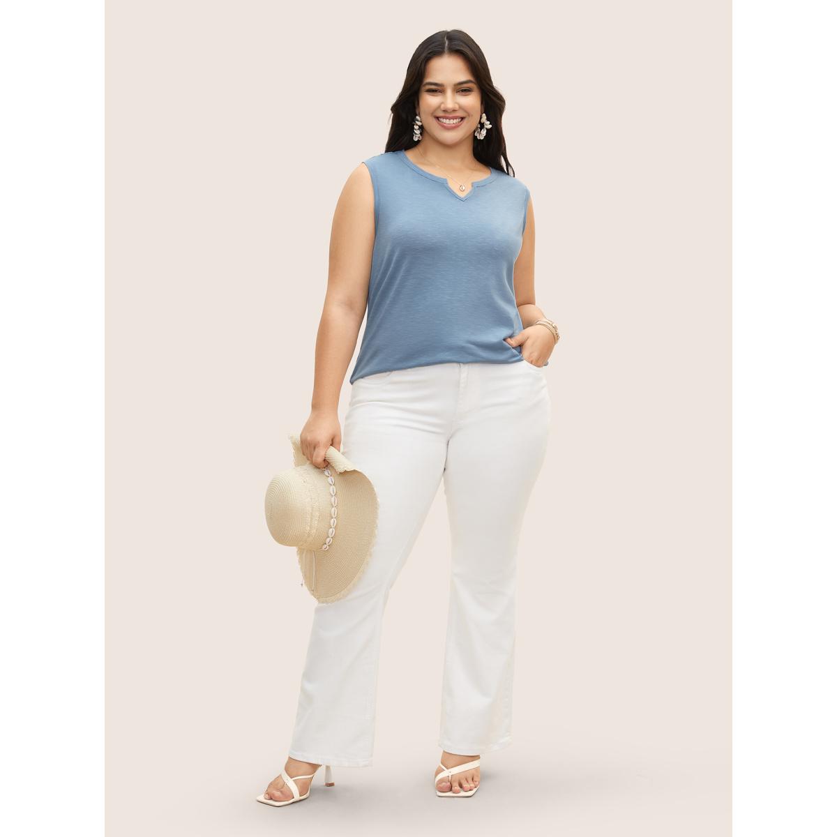 Plus Size Notched Collar Plain Cut Out Tank Top Women Cerulean Resort Patchwork Notched collar Vacation Tank Tops Camis BloomChic 22-24/3X Product Image