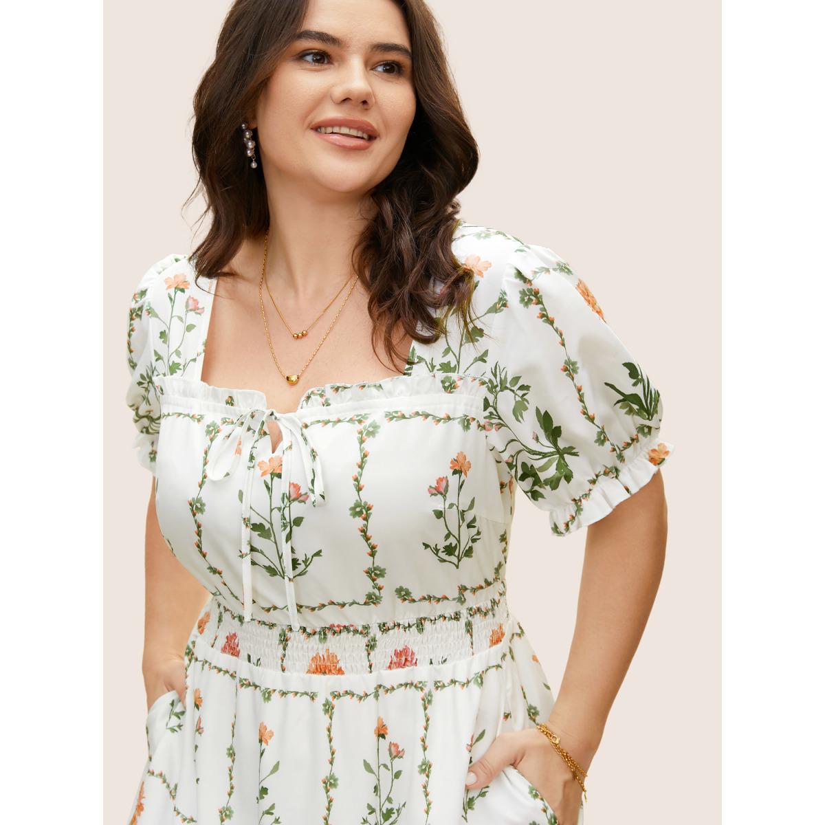 Plus Size Boho Print Tie Knot Shirred Lantern Sleeve Dress Originalwhite Women Timeless Square Neck Short sleeve Curvy BloomChic 14-16/1X Product Image