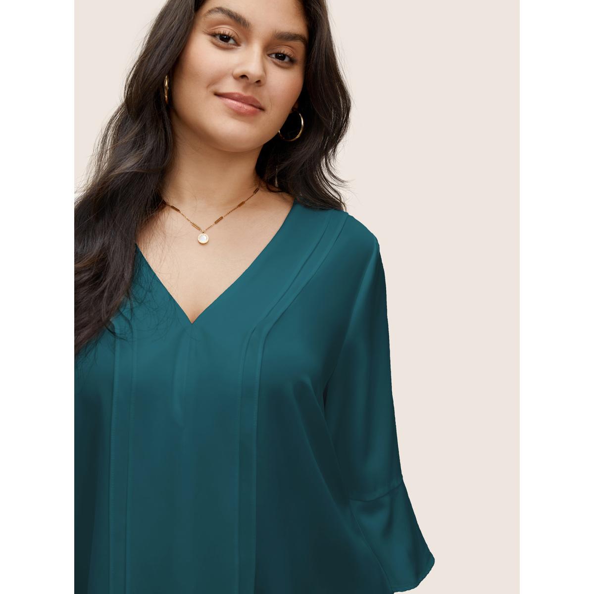 Plus Size Cyan V Neck Plain Ruffles Pleated Blouse Women Work From Home Elbow-length sleeve V-neck Work Blouses BloomChic 28/5X Product Image