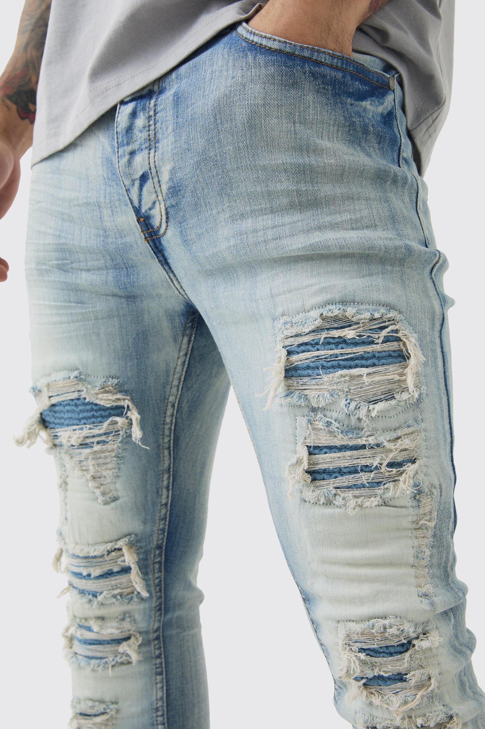 Super Skinny Stretch Washed Biker Rip & Repair Jeans | boohooMAN USA Product Image