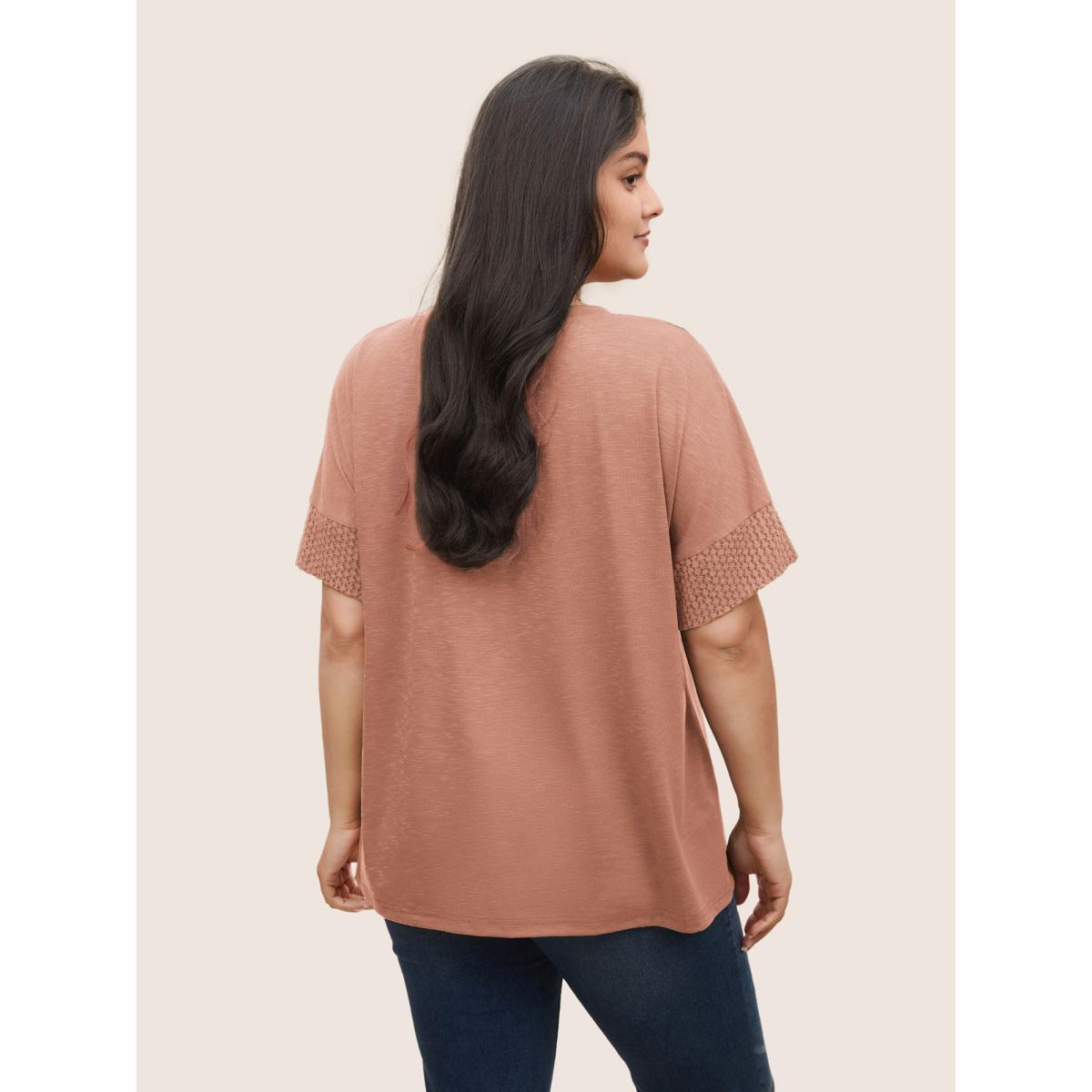 Plus Size Solid Lace Insert Batwing Sleeve T-shirt Nudepink Women Casual Texture Plain Round Neck Everyday T-shirts BloomChic 22-24/3X Product Image