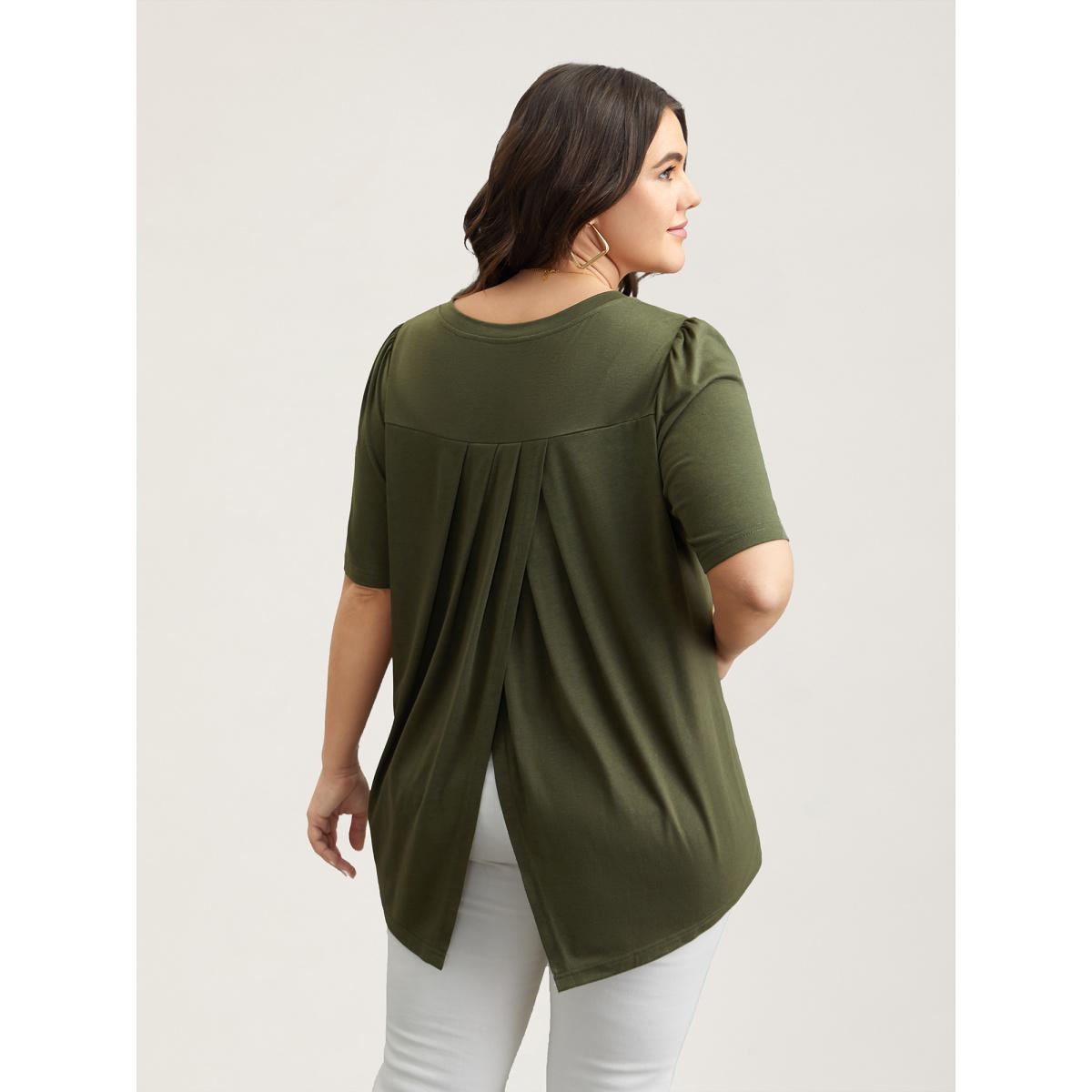 Plus Size Back Pleats V-Neck Split T-Shirt ArmyGreen Women Casual Overlapping V-neck Everyday T-shirts BloomChic 28/5X Product Image