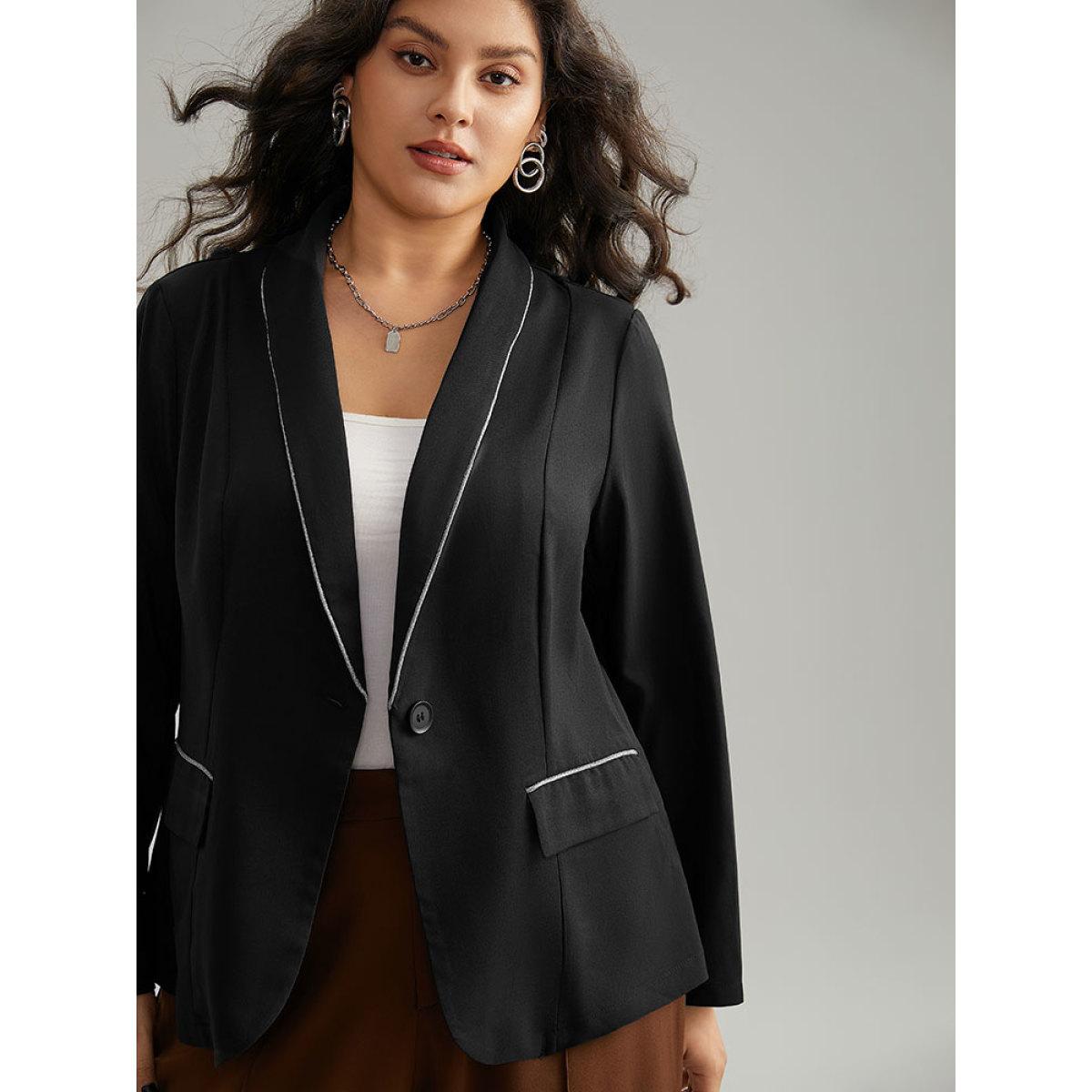 Plus Size Twill Patchwork Contrast Trim Button Up Blazer Black Women Office Plain Contrast Sleeve Long Sleeve Suit Collar 14-16/1X Office Blazers BloomChic Product Image