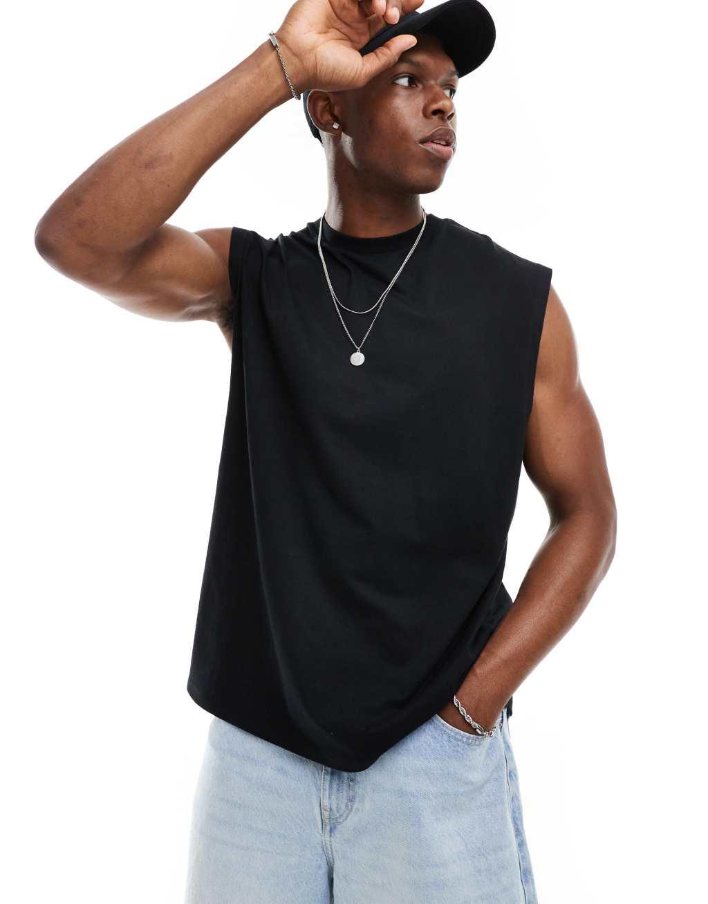 ASOS DESIGN oversized tank top in black with celestial back print Product Image