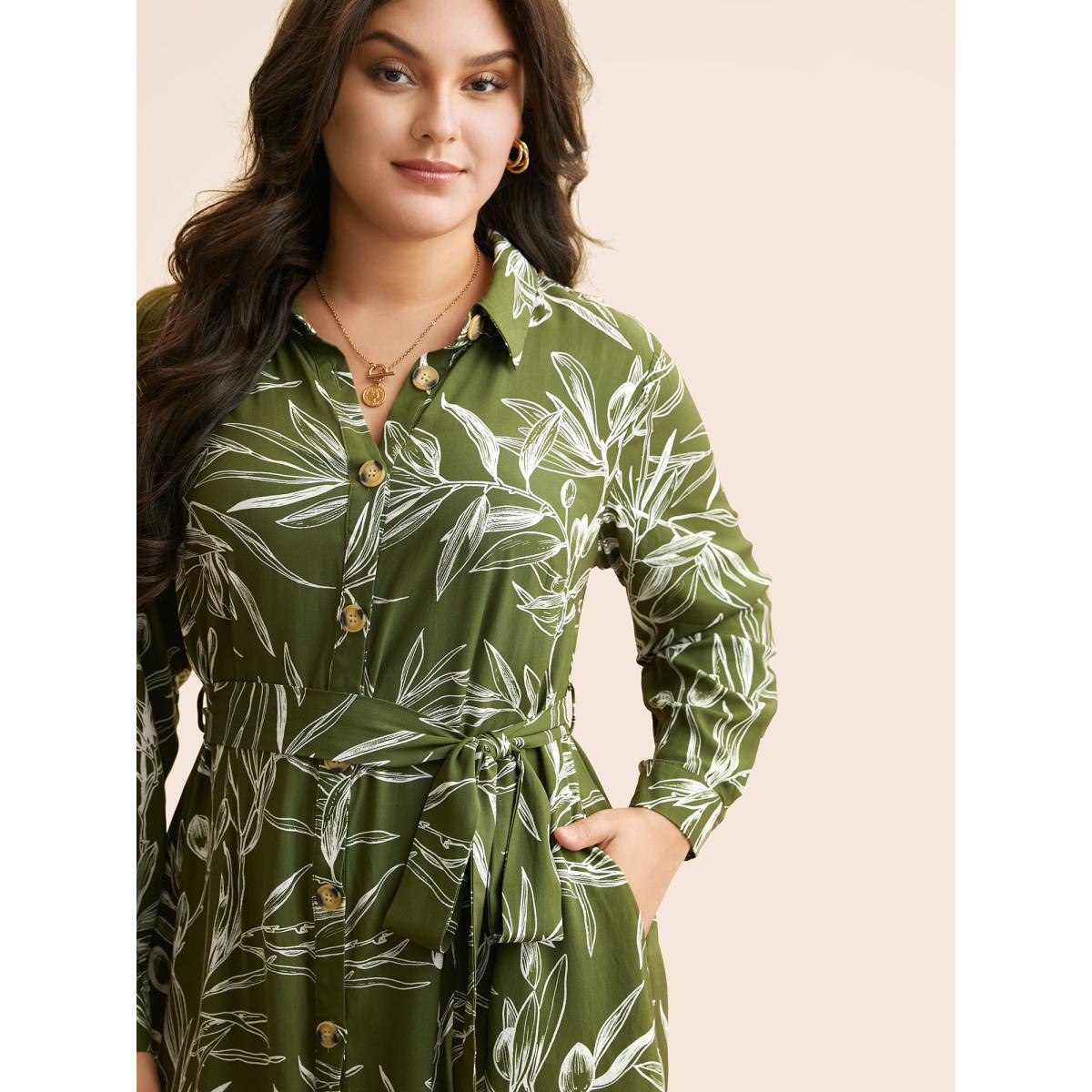 Plus Size Shirt Collar Plants Print Belted Dress Olive Women Casual Shirt collar Long Sleeve Curvy BloomChic 14-16/1X Product Image