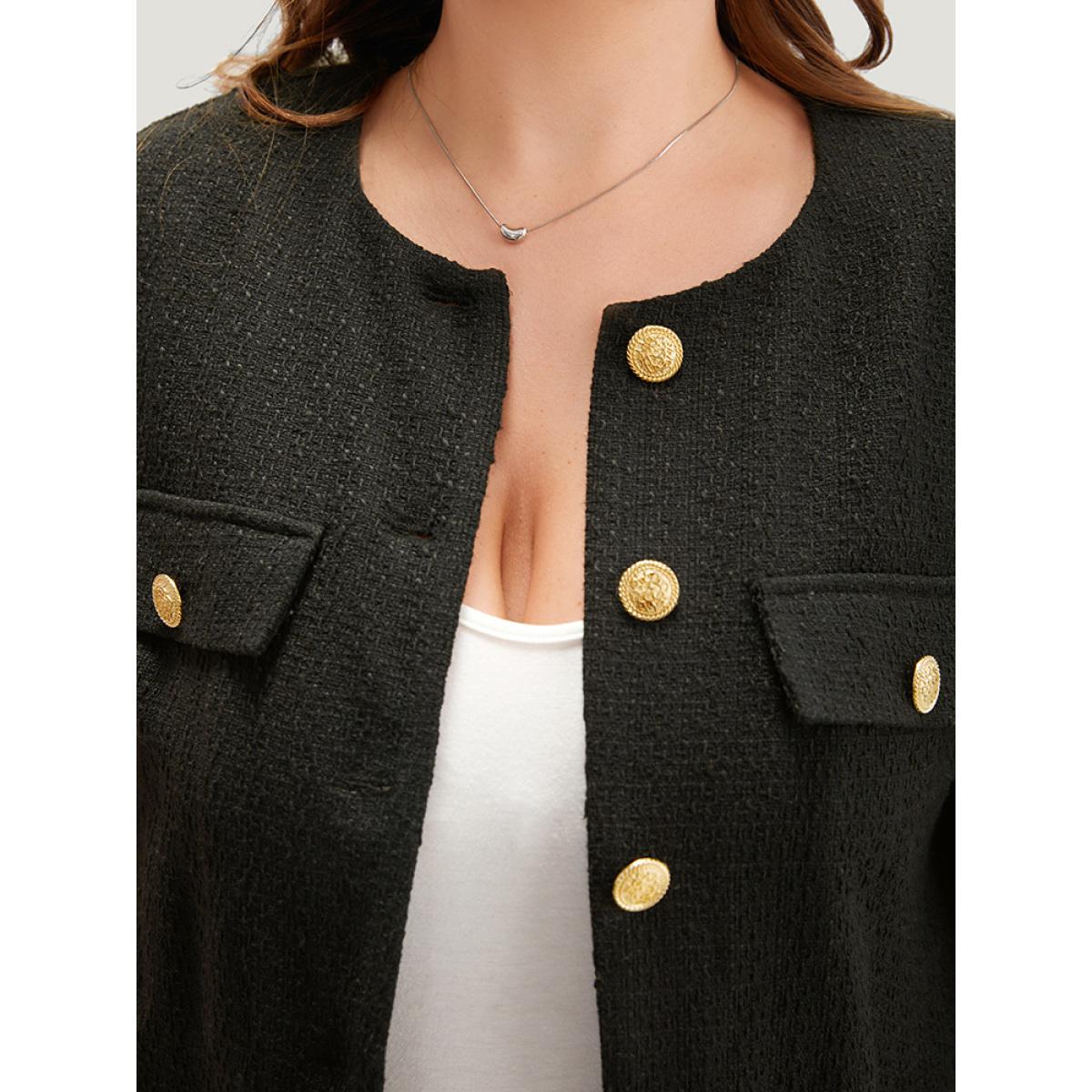 Plus Size Plain Tweed Texture Buckle Detail Blazer Women Black Texture Office Jackets BloomChic 10/M Product Image