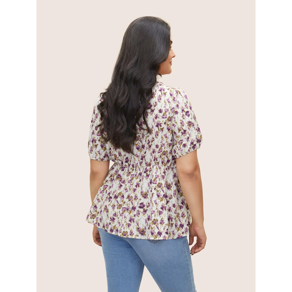 Plus Size Mauve Pixel Flower Ruched Ruffle Trim Blouse Women Elegant Short sleeve V-neck Everyday Blouses BloomChic 22-24/3X Product Image