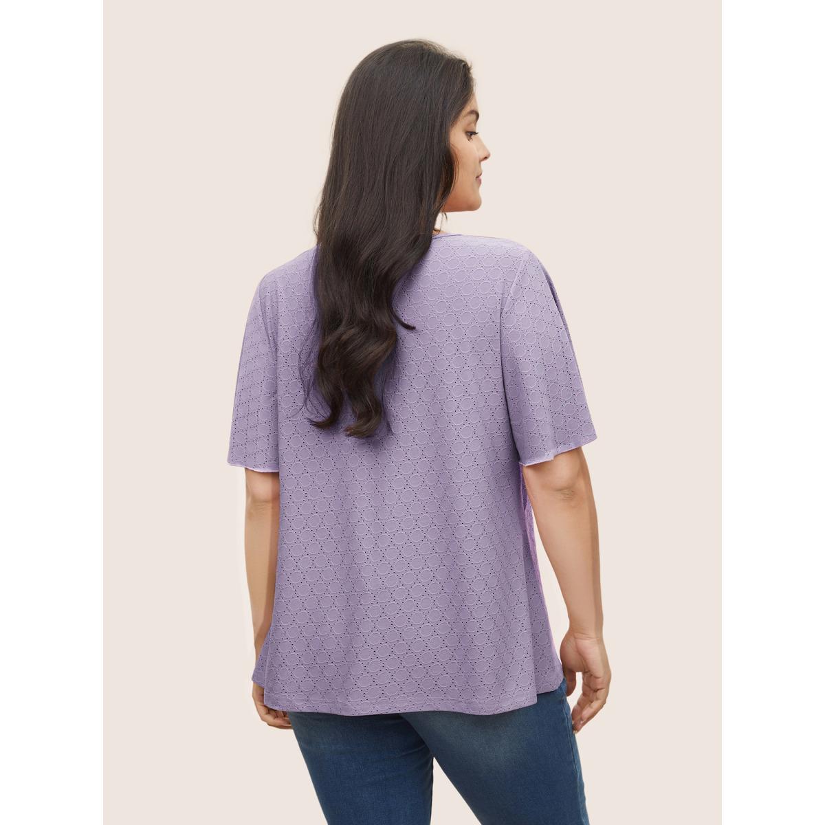 Plus Size Plain Textured Geometric Flutter Sleeve T-shirt Lavender Women Elegant Texture Plain Round Neck Everyday T-shirts BloomChic 12/L Product Image
