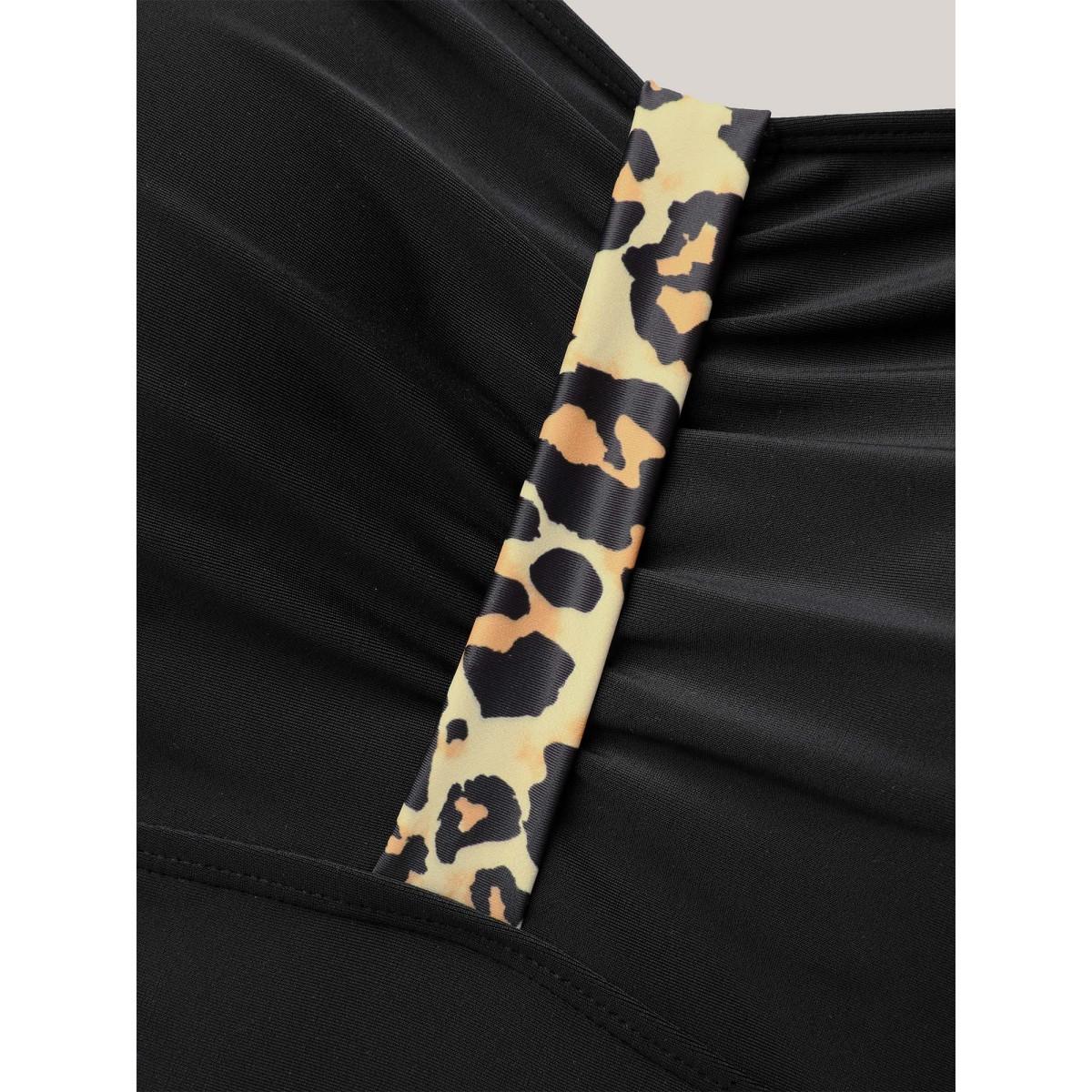 Plus Size Ruched Leopard Contrast One-Piece Swimsuit Women's Swimwear Black Beach Gathered Curve Bathing Suits High stretch One Pieces BloomChic 22-24/3X Product Image