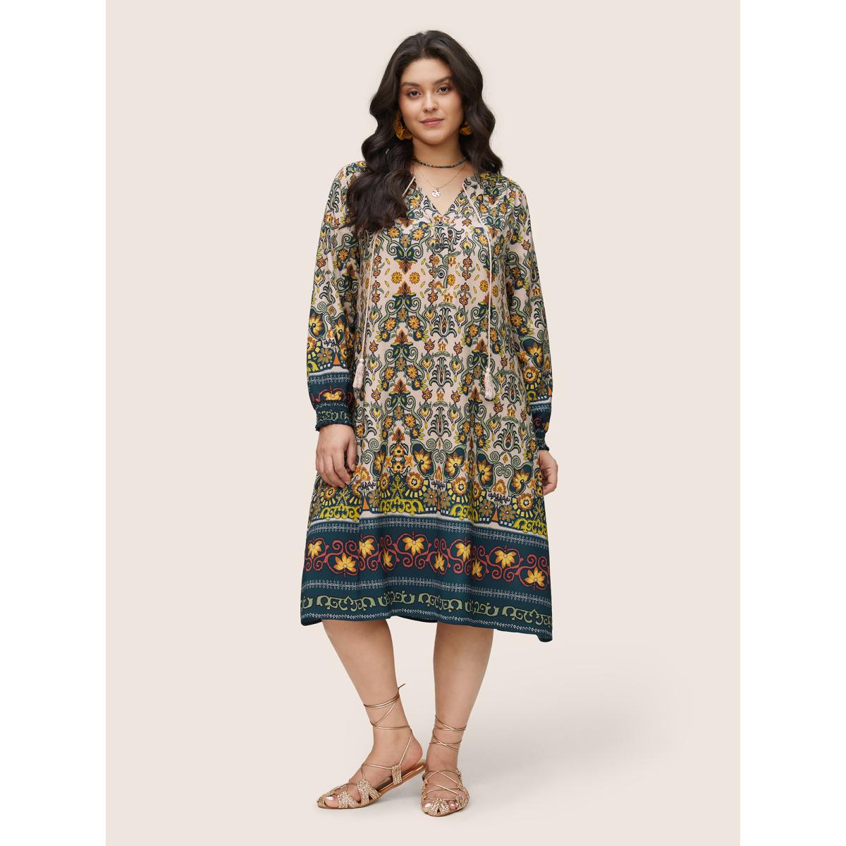 Plus Size Bandana Print Tassels Ties Shirred Cuffs Dress DarkGreen Women Vacation Tassels Tie Neck Long Sleeve Curvy Midi Dress BloomChic 22-24/3X Product Image