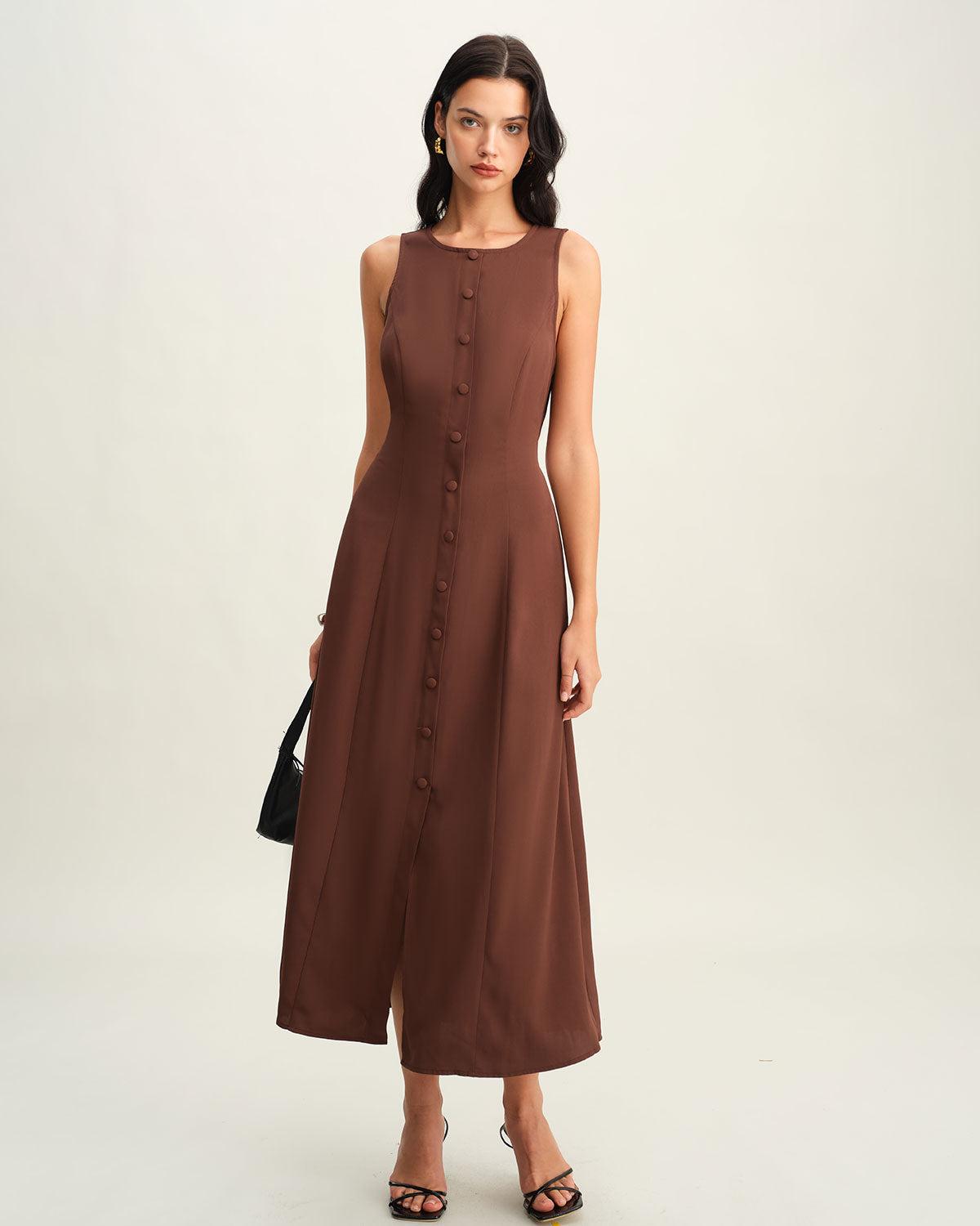 Brown Round Neck Button Sleeveless Maxi Dress Product Image