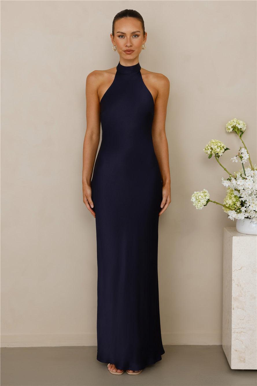 The Cleo Halter Satin Maxi Dress Navy Product Image
