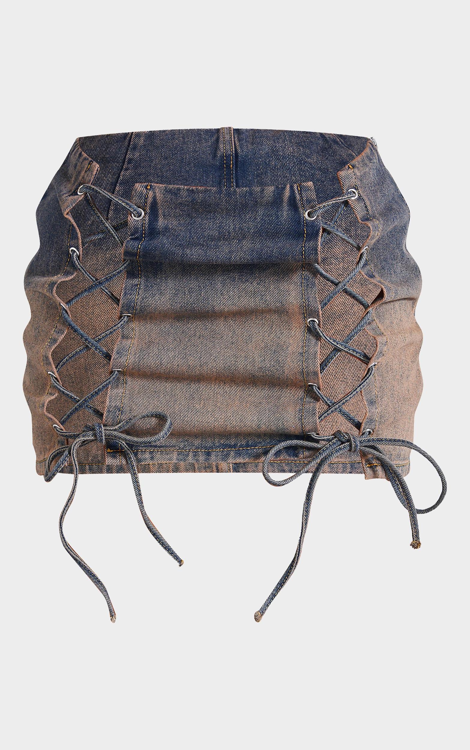 Petite Dirty Grey Lace Up Detail Denim Mini Skirt Product Image