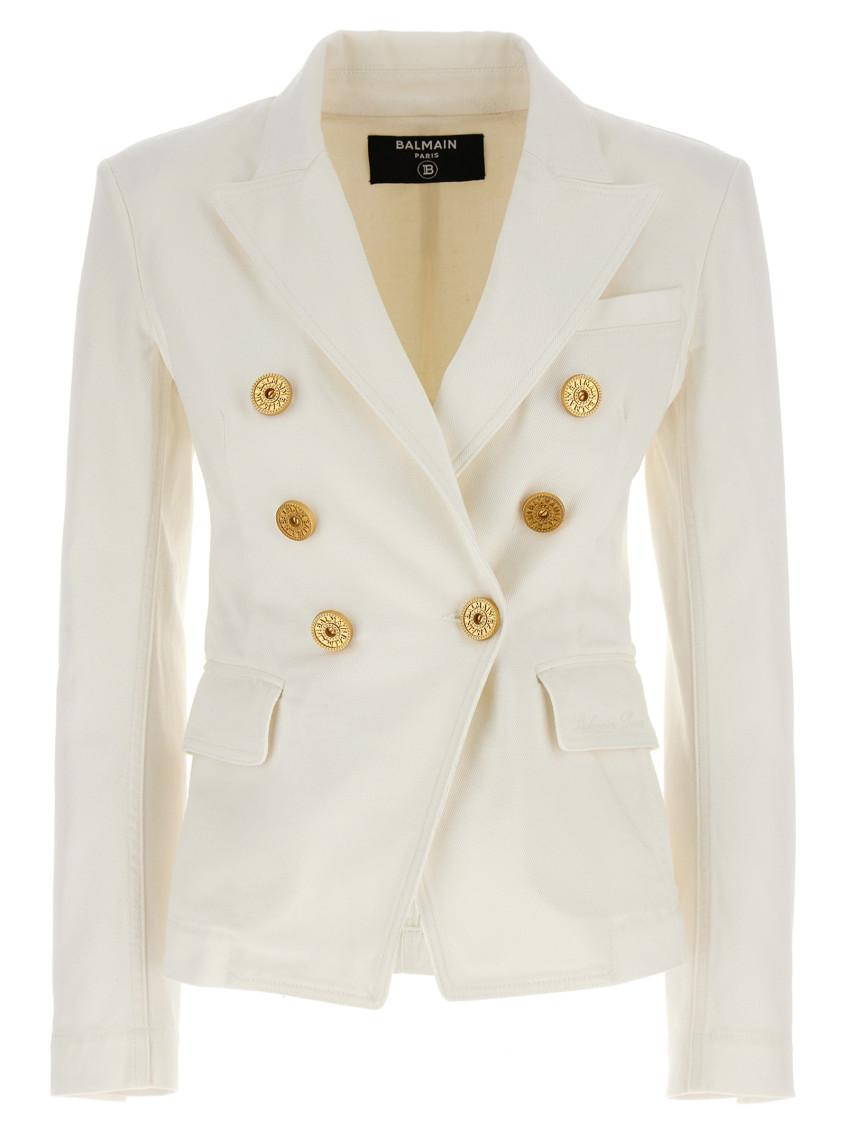 BALMAIN Double-breasted Structured Denim Blazer With Peak Lapel In White Product Image