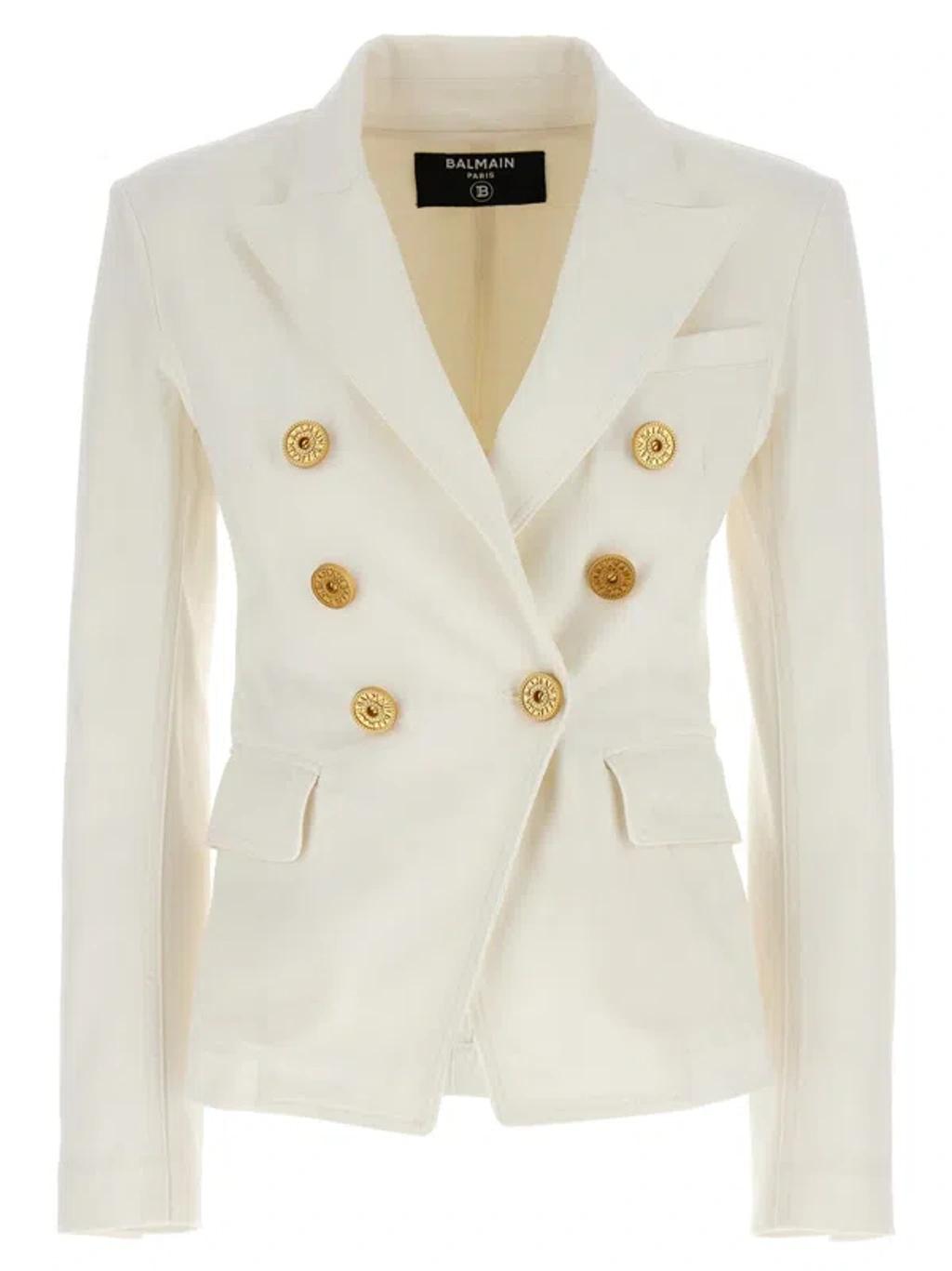 BALMAIN Double-breasted Structured Denim Blazer With Peak Lapel In White Product Image