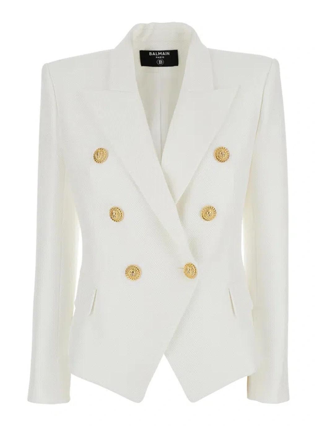 BALMAIN Double-breasted Structured Denim Blazer With Peak Lapel In White Product Image