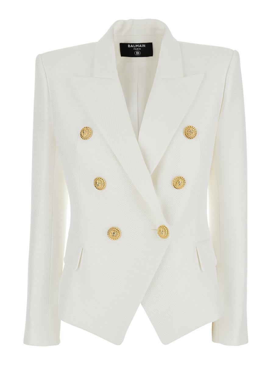 BALMAIN Double-breasted Structured Denim Blazer With Peak Lapel In White Product Image