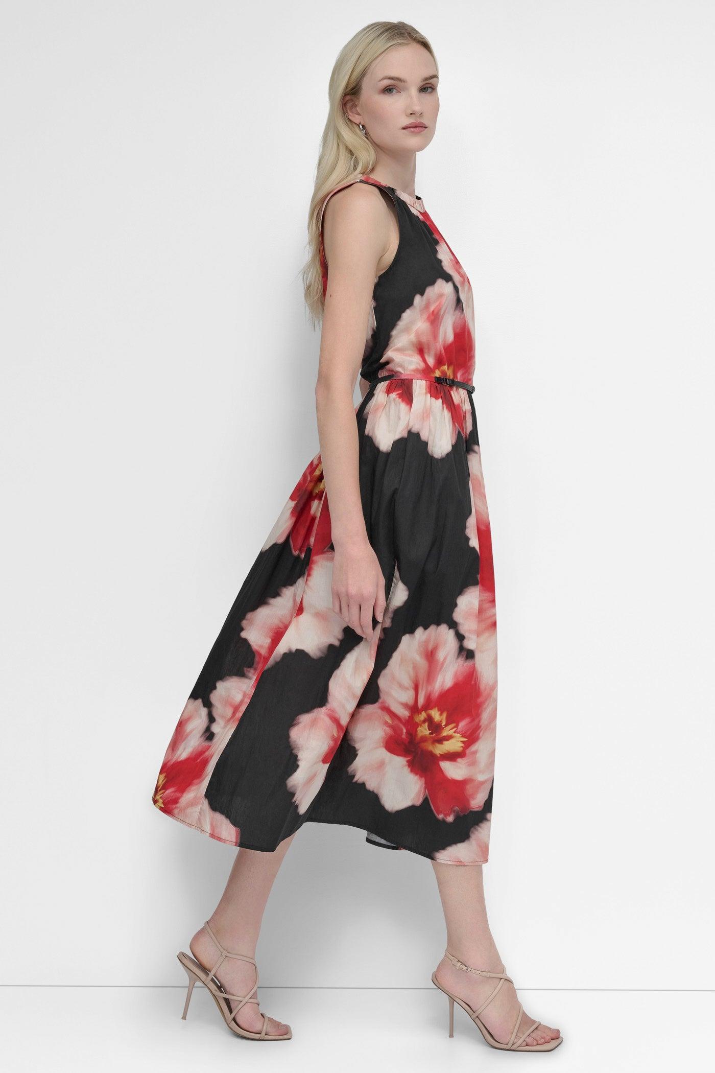 SLEEVELESS SHIRRING MIDI DRESS WITH BELT Product Image