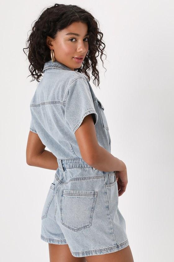 Festival Feelin' Light Wash Short Sleeve Denim Romper Product Image