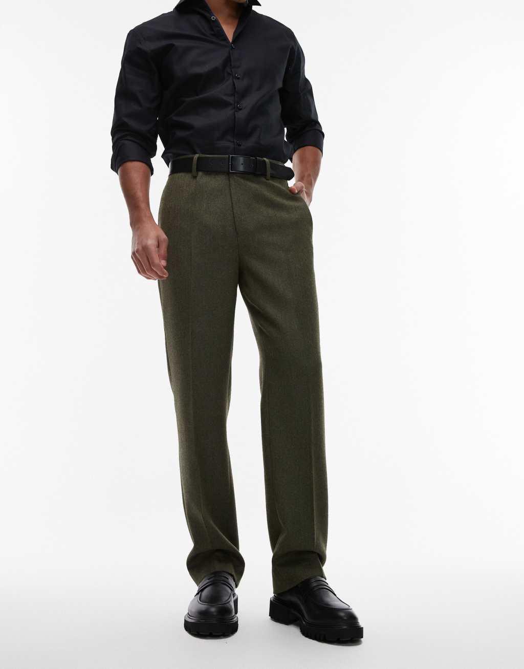 ASOS DESIGN smart straight leg pants in green wool look herringbone Product Image