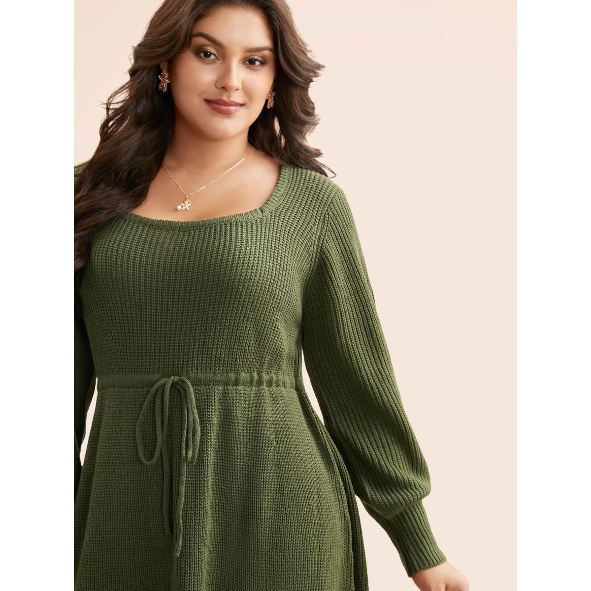 Plus Size Square Neckline Waist-Tie Midi Sweater Dress ArmyGreen Women Casual Bodycon Long Sleeve Everyday Sweater Dresses BloomChic 26/4X Product Image